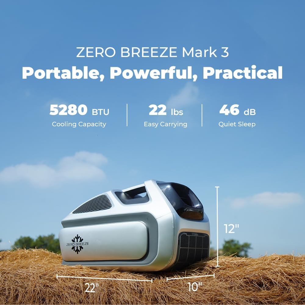 Zero Breeze Mark 3 Portable Air Conditioner – 5280 BTU High Power, Lightweight, Battery-Ready, for Camping, RV, Truck, Outdoor Use
