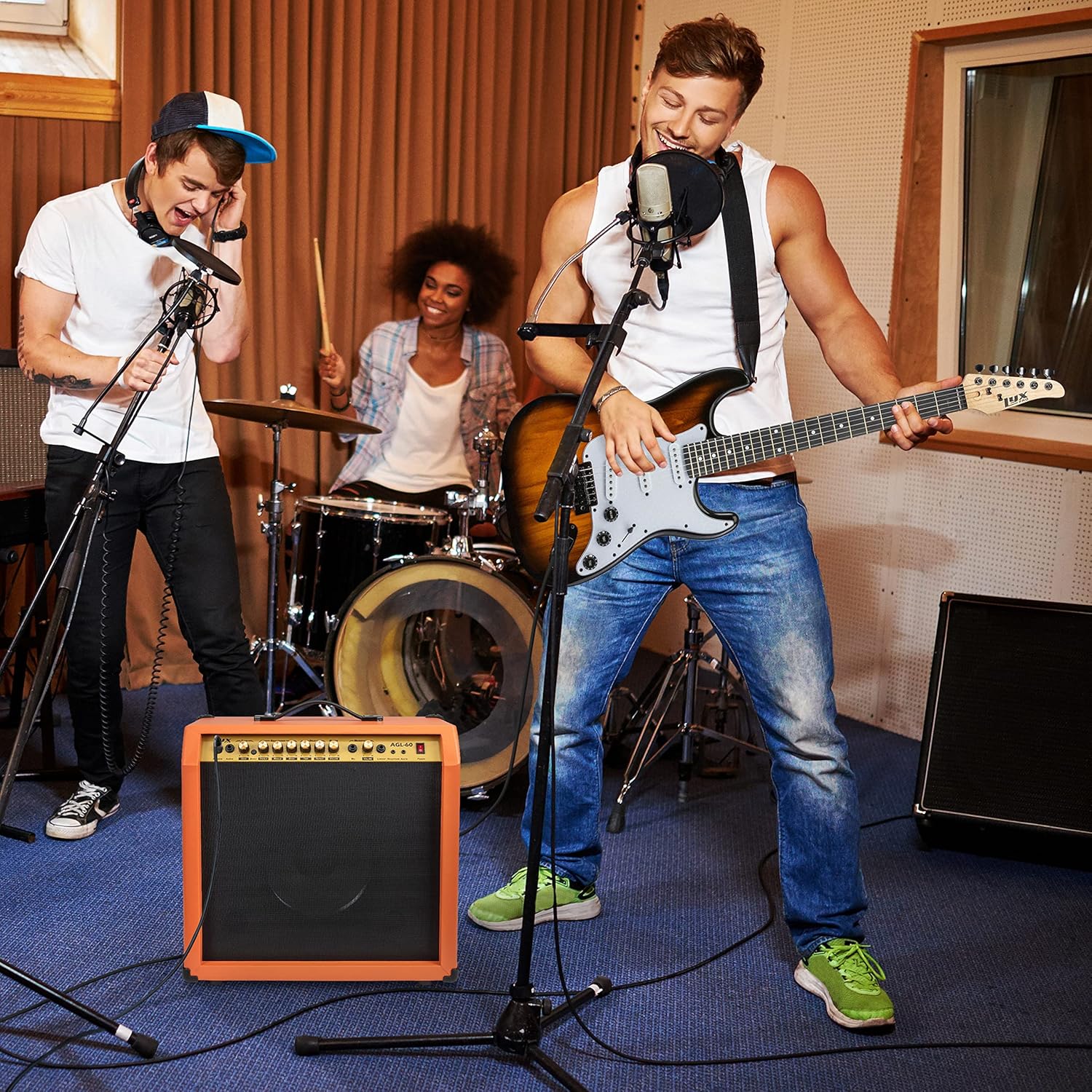 LyxPro 60 Watt Electric Guitar Amplifier | Combo Solid State Studio & Stage Amp with 10” 4-Ohm Speaker, Custom EQ Controls, Drive, Delay, ¼” Passive/Active/Mic Inputs, Aux In & Headphone Jack - Burst