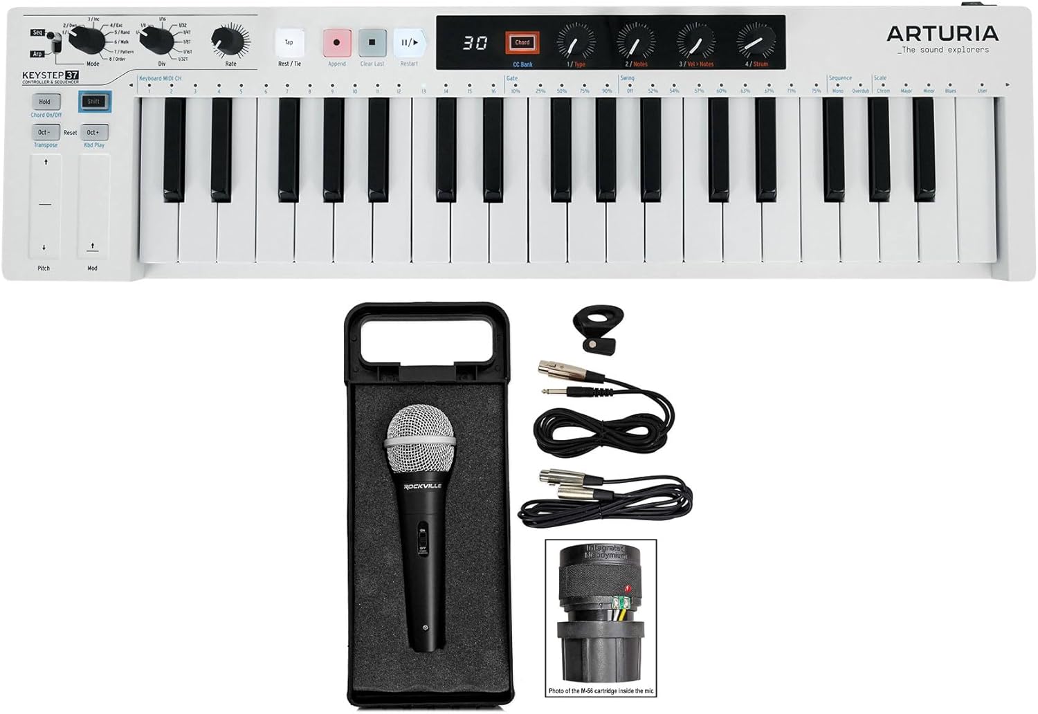 Audiosavings Bundle: Arturia KeyStep 37-Key Sequencer USB MIDI DJ/Studio Keyboard Controller+Software Bundle with Rockville RMC-XLR High-End Metal DJ Handheld Wired Microphone Mic+2 Cables (2 Items)