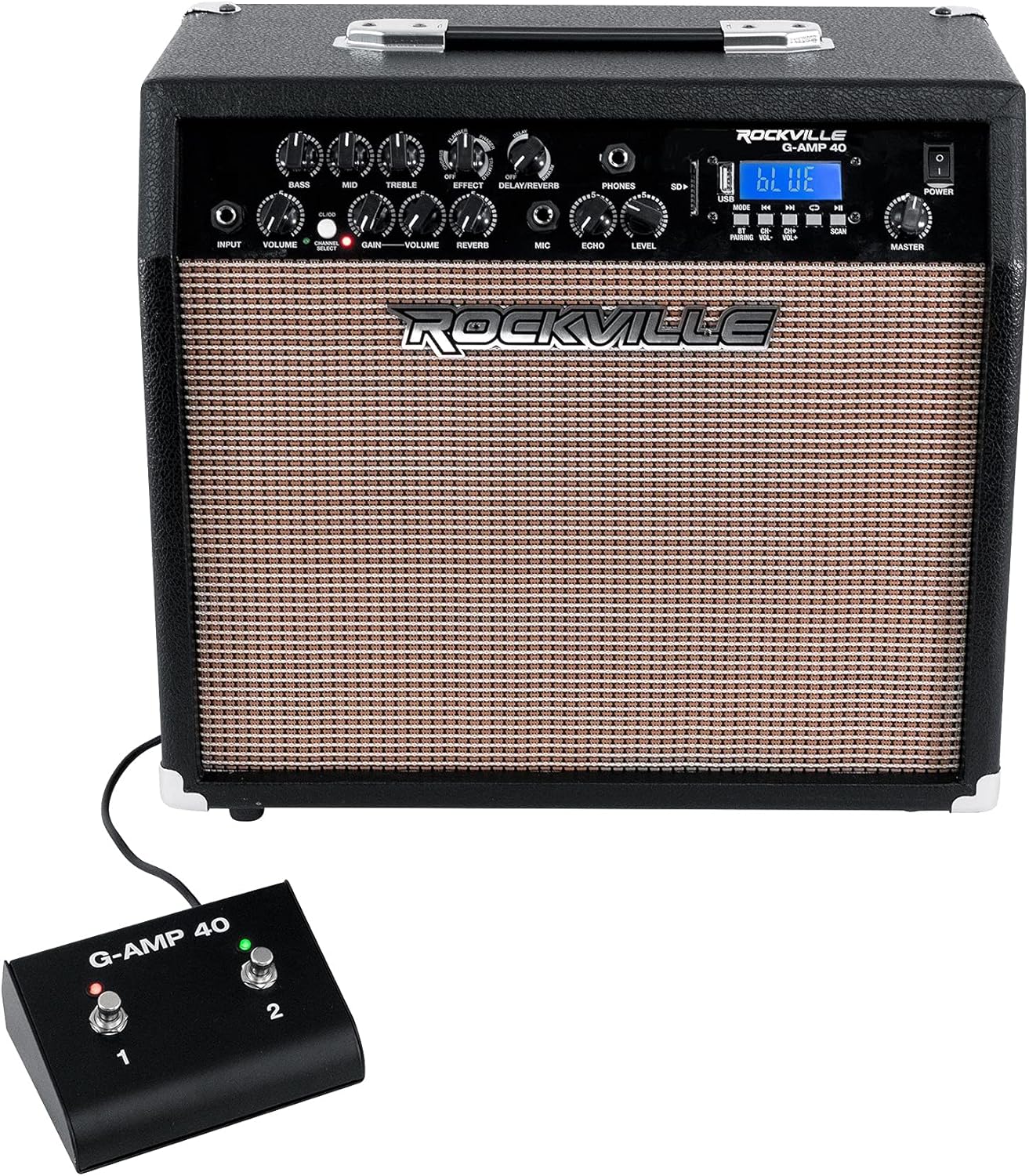 Rockville G-AMP 40 40W Guitar Combo Amplifier, Bluetooth, Mic Input with Echo, USB/SD Playback, Footswitch, Built-in Effects, Portable for Practice and Performance