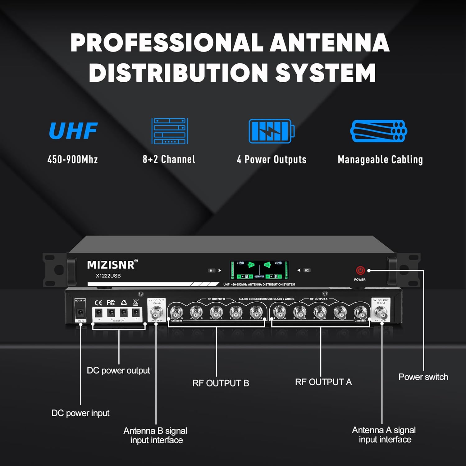 UHF Wireless Antenna Distribution Combiner System, 10 Channels Active Directional Receiver w/ 8 Outputs + 2 Cascade Ports, Mic Signal Amplifier with Paddle for Stages, Live Shows - 984ft Long Coverage