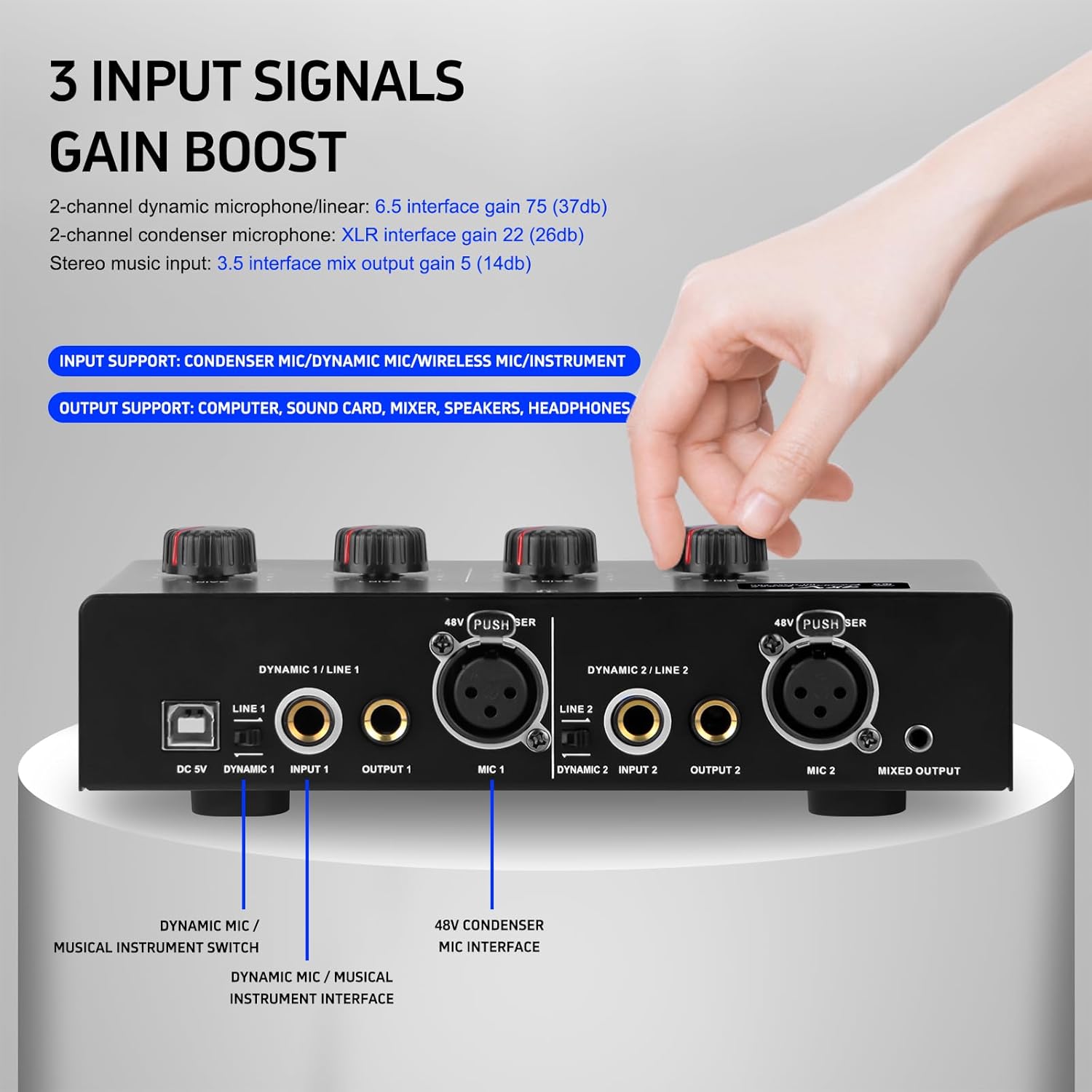 Microphone Preamp Mic Booster 4 Input Max 25db DI Box with 48V Phantom Power for Dynamic and Condenser Mic (MC02)