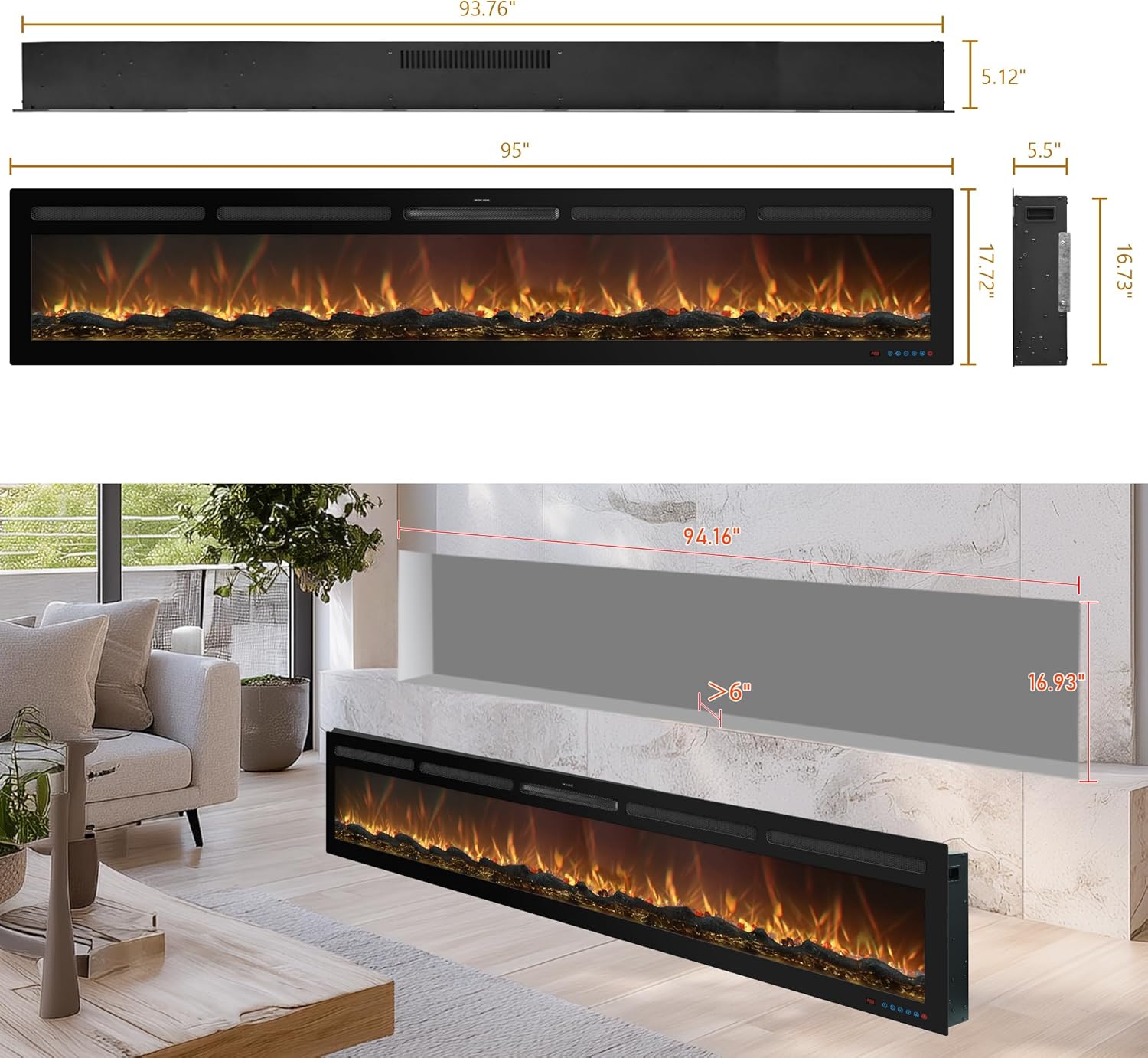 95 Inch WiFi-Enabled Recessed Electric Fireplace Inserts with Log Speaker,Wall Mounted & Freestanding Fireplace Heater,13 Adjustable Colors,5 Brightness Levels,Timer,750/1500w, Log & Crystal