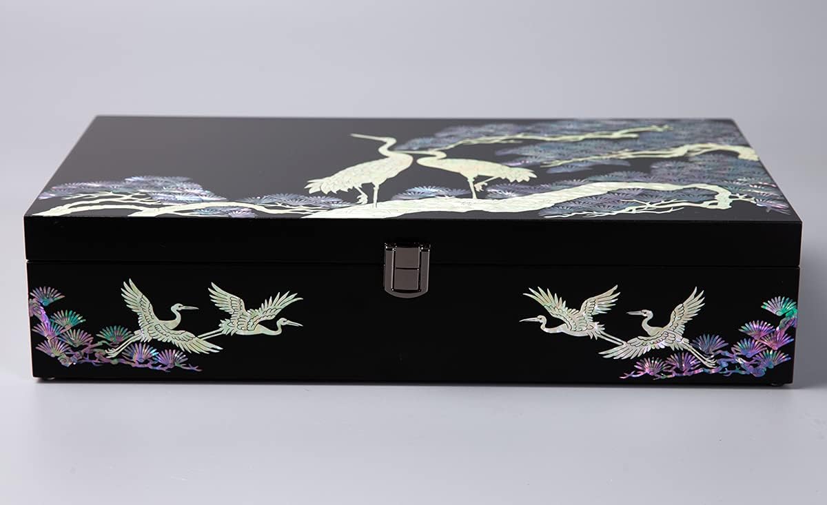 Antique Alive Mother of Pearl Wood Sunglasses Box Eyeglasses Valet Display Storage Case for Glasses, Watches, Jewelry, Trinkets Wooden Accessory Organizer Gift (Crane & Pine Black)