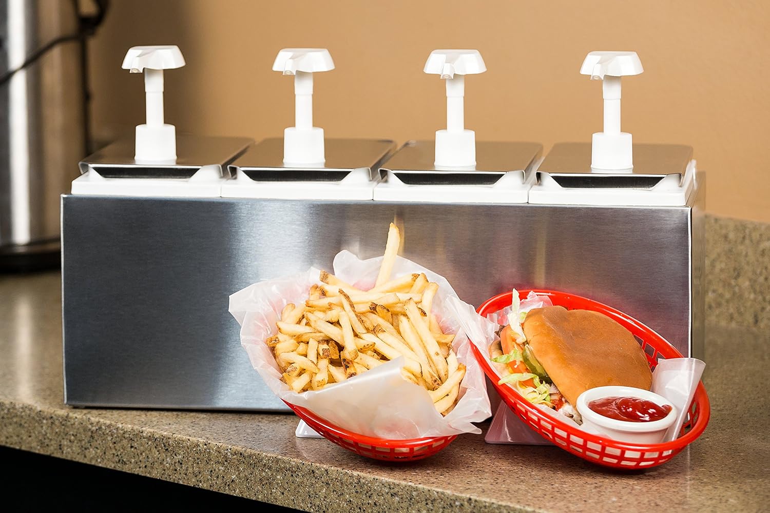 Carlisle FoodService Products Condiment Rail Condiment Center with 4 Standard Pumps for Gas Stations, Restaurants, and Fast Food Stainless Steel, 19.25 X 7.75 X 12.5 Inches, Silver