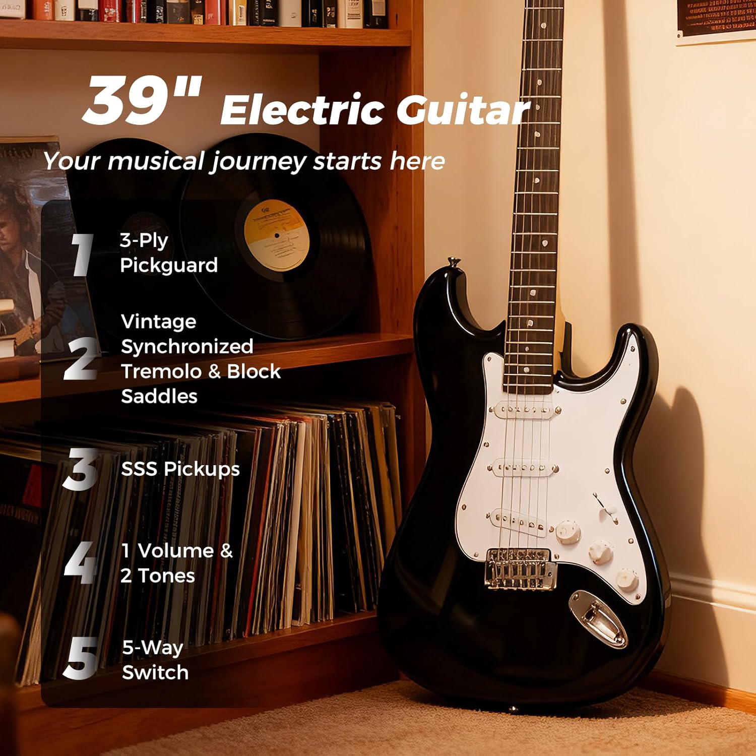 Costzon 6 String Electric Bass Guitar with AMP, 39” Full Size Beginner Bass Guitar Kit with SSS Pickups, Gig Bag, Strap, Digital Tuner, Capo, Picks & Cable for Starter (Black)