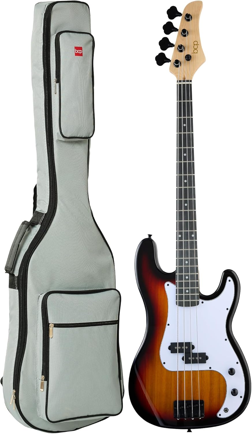 Best Choice Products Full Size Beginner 4-String Electric Bass Guitar, Wooden PB-Style Bass Starter Set w/Padded Carrying Case - Sunburst/White