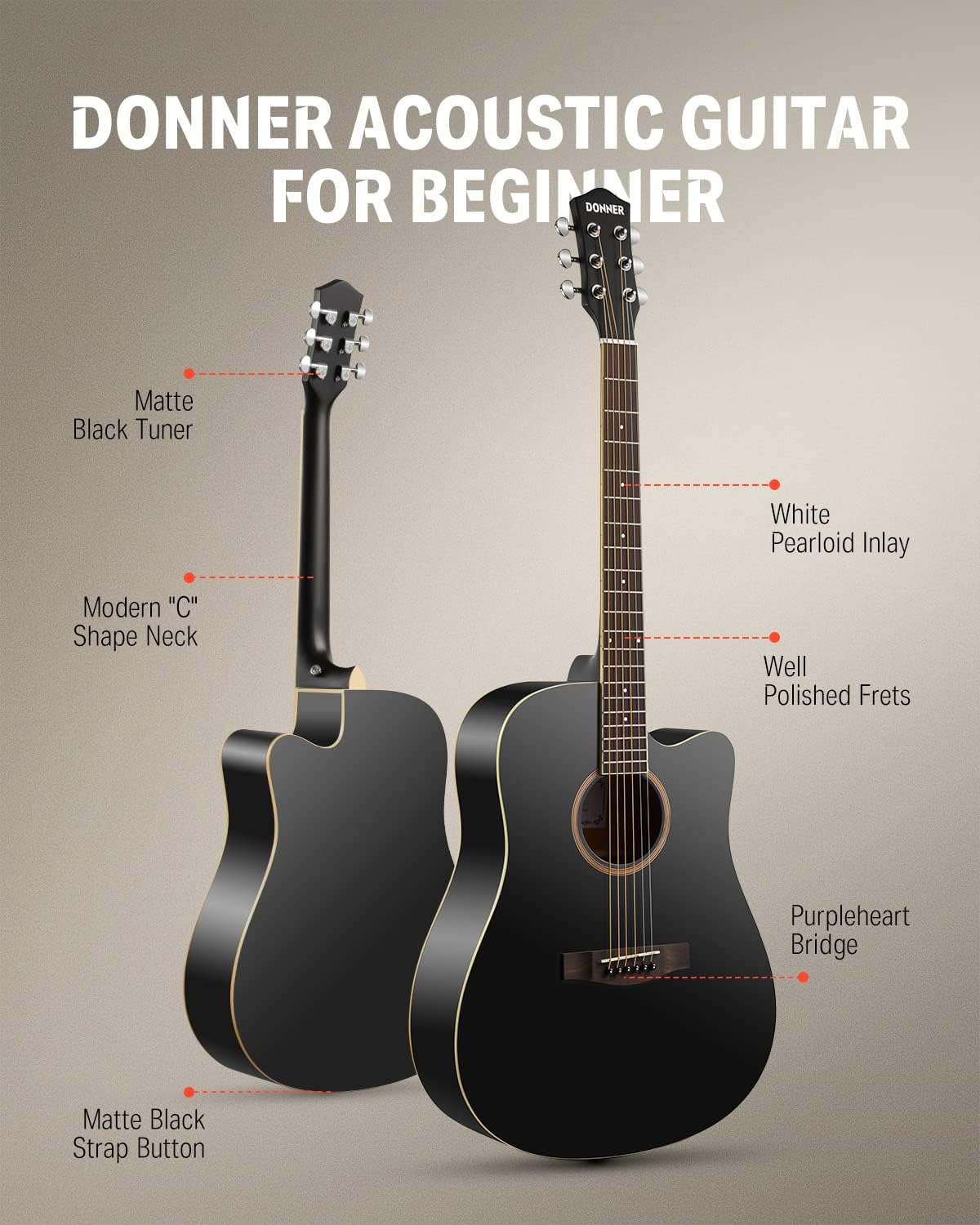 Donner Black Acoustic Guitar for Beginners, Adult, Teens, Starter Kits - Full Size 41'' Steel-String Acustica Guitarra Bundle Set with Free Online Lesson, Gig Bag, Strap, Tuner, Cutaway, DAG-1CB