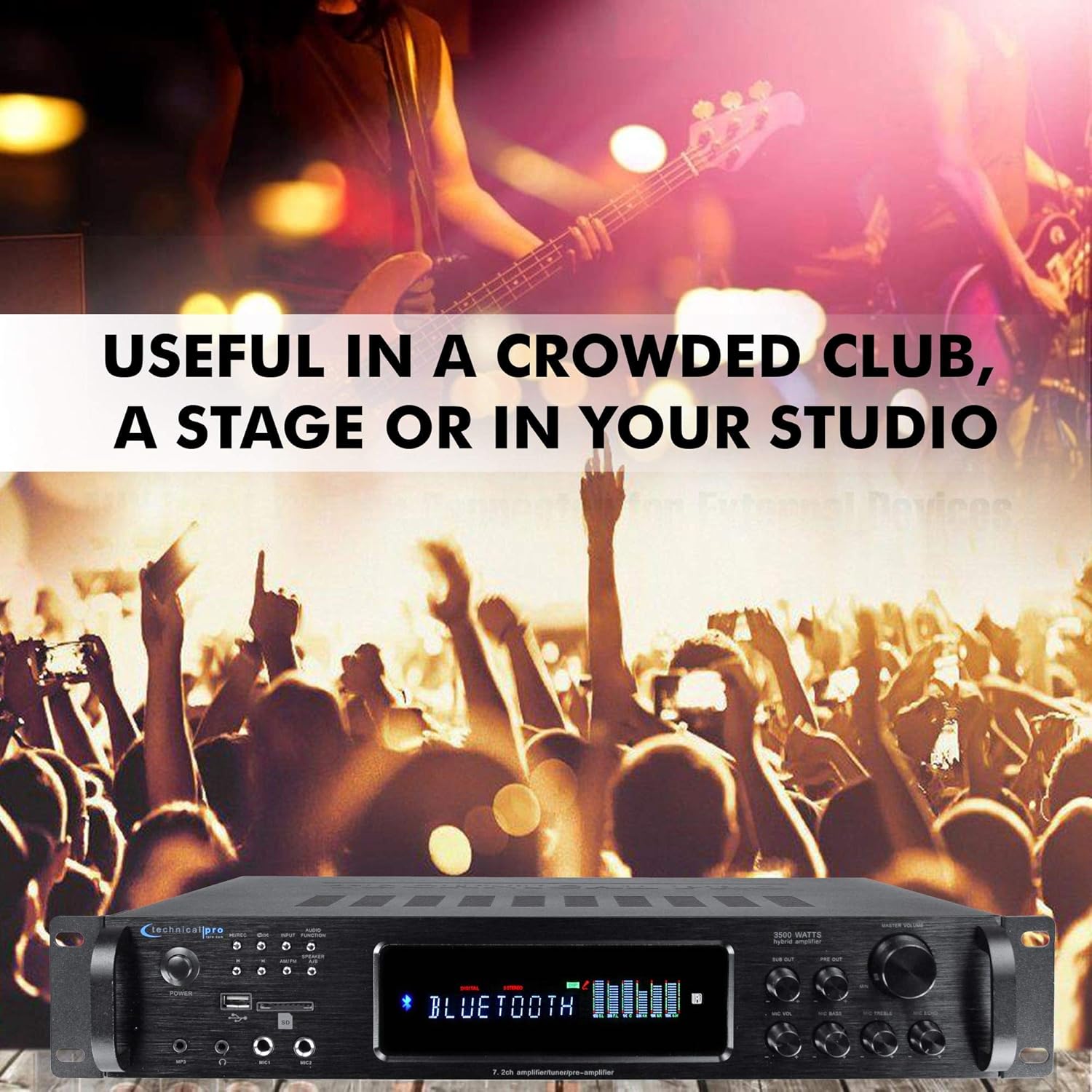 Technical Pro 3500 Watts Digital Hybrid Amplifier, Preamp/Tuner with USB SD Card Inputs, FM Radio, Recorder, Bluetooth, & Remote Control