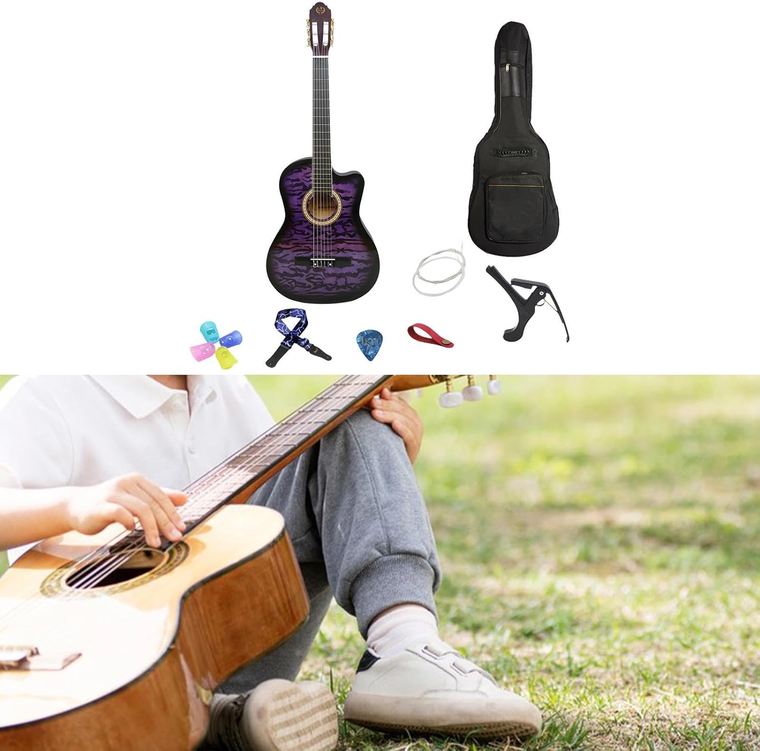 Acoustic Guitar for Beginners - Portable Travel Guitar with Steel Strings, Compact Size for Easy Learning and Performance- Purple
