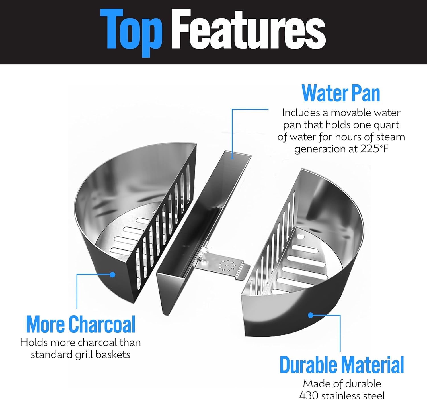 SnS Grills Slow ‘N Sear Charcoal Fire Baskets with Water Pan - Large Capacity Heavy Duty Stainless Steel Outdoor Grill Basket, Kettle Grill Accessory - Compatible with Weber and other Kettles