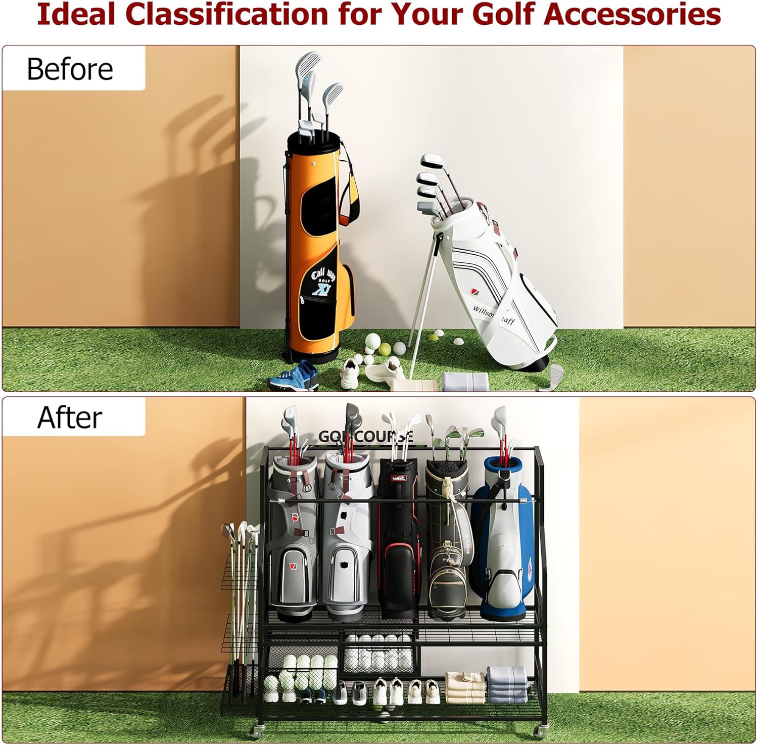 Golf Bag Storage Garage Organizer,Mobile 5-Bag Stand Fit for Golf Bag and Equipment Accessories,Golf Bag Storage Rack with Wheels for Garage