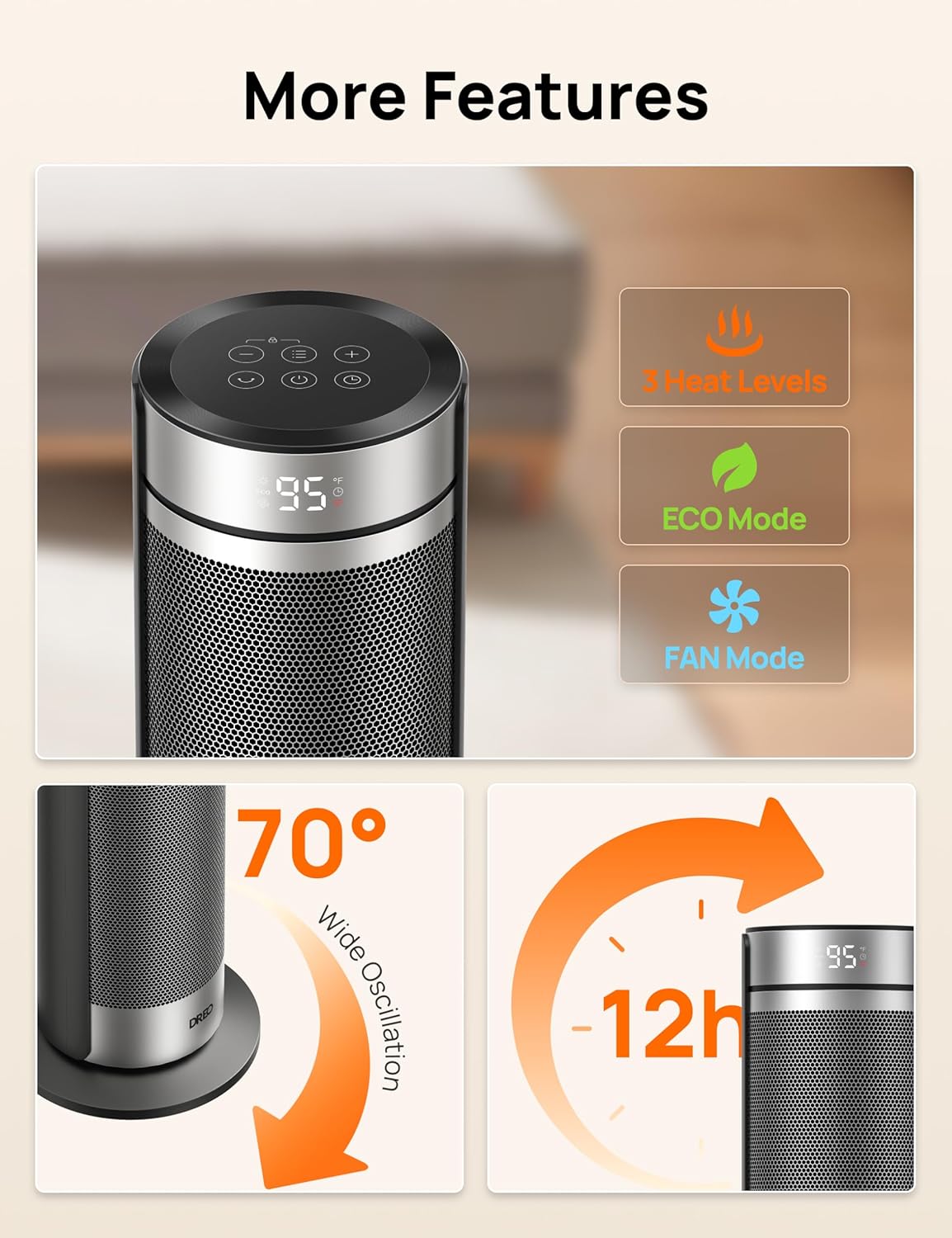 Dreo Space Heater for Large Room, 23 Inch Electric Heaters for Indoor Use, 8 Safe Protection Tower, 70° Oscillation, PTC Ceramic with Thermostat and Remote, Quiet, 12H Timer, Bedroom, Office