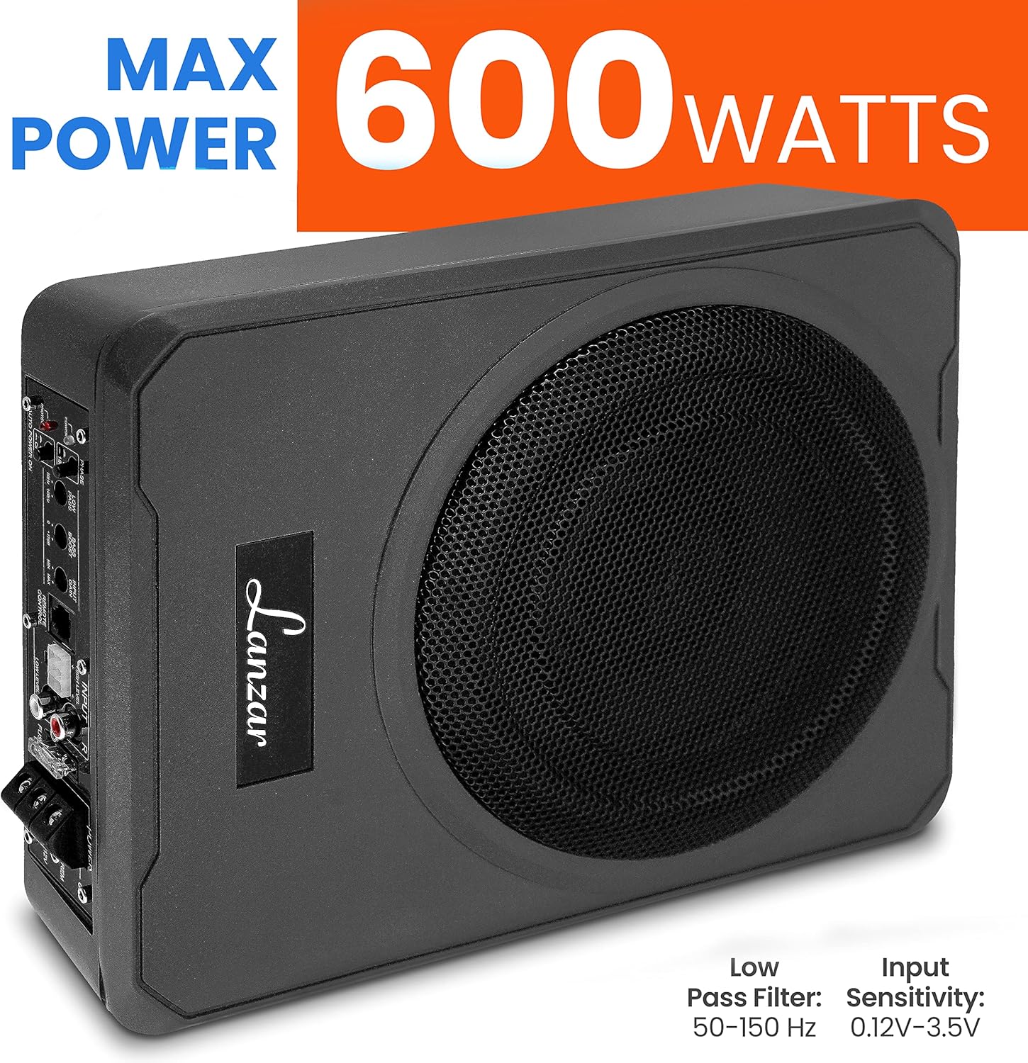 Pyle 8-Inch Low-Profile Amplified Subwoofer System - 600 Watt Compact Enclosed Active Underseat Car Audio Subwoofer with Built in Amp, Powered Car Subwoofer w/ Low & High Level Inputs - Pyle SBA8A.5