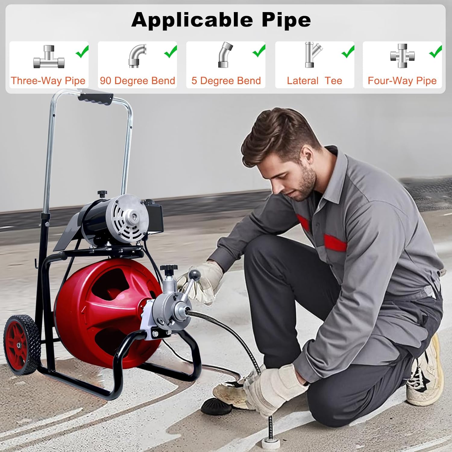 Drain Auger Cleaner 50 FT x 3/8 Inch, Sewer Snake Auto Feed, Drain Cleaning Machine with 8 Cutter & Air-Activated Foot Switch for 1