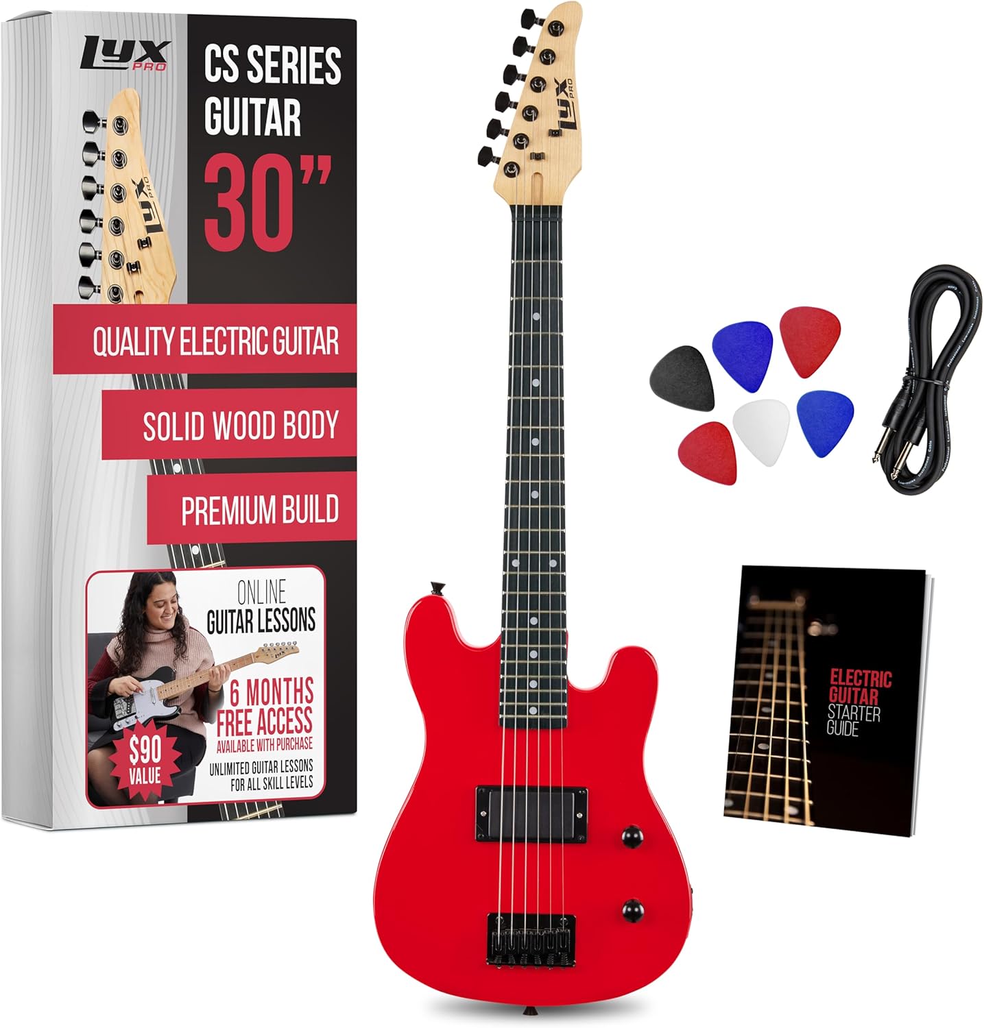 LyxPro CS 30” Electric Guitar Kit for Beginner, Intermediate & Pro Players with Guitar, Amp Cable, 6 Picks & Learner’s Guide | Solid Wood Body, Volume/Tone Controls, 5-Way Pickup - Red