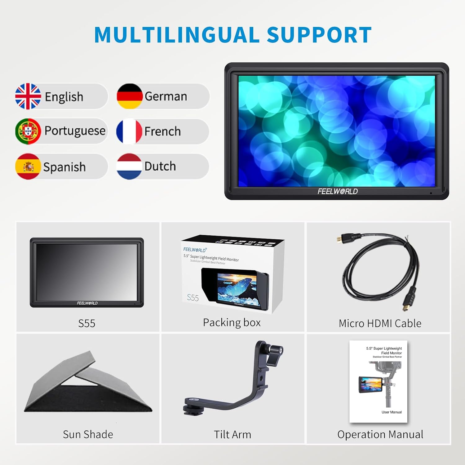 FEELWORLD S55 6 inch Camera DSLR Field Monitor Small Full HD 1920x1080 IPS LUT Video Peaking Focus Assist with 4K HDMI 8.4V DC Input Output Professional Video Accessories