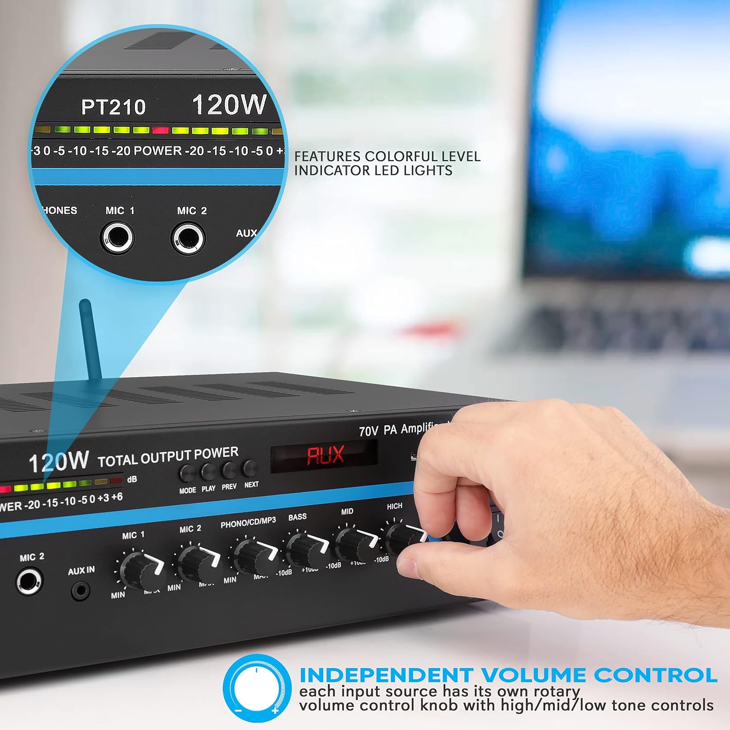 Pyle Public Address Mono Amplifier with Bluetooth - 120 Watt PA Amp with 70v Output, Dual Mic Inputs - Independent Vol Ctrl Per Channel - 3 Band EQ - For Home, Commercial, Restaurant, School - PT210