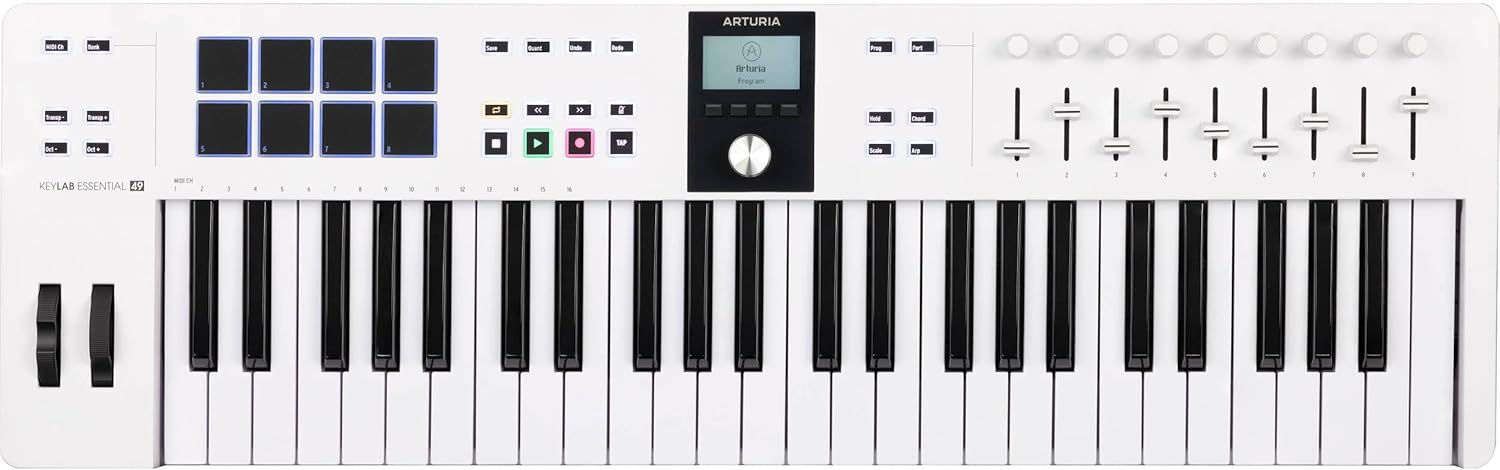 Arturia KeyLab Essential mk3 49-Key Universal MIDI Controller and Software | White with 6ft MIDI Cable & Cleaning Cloth (3 Items)