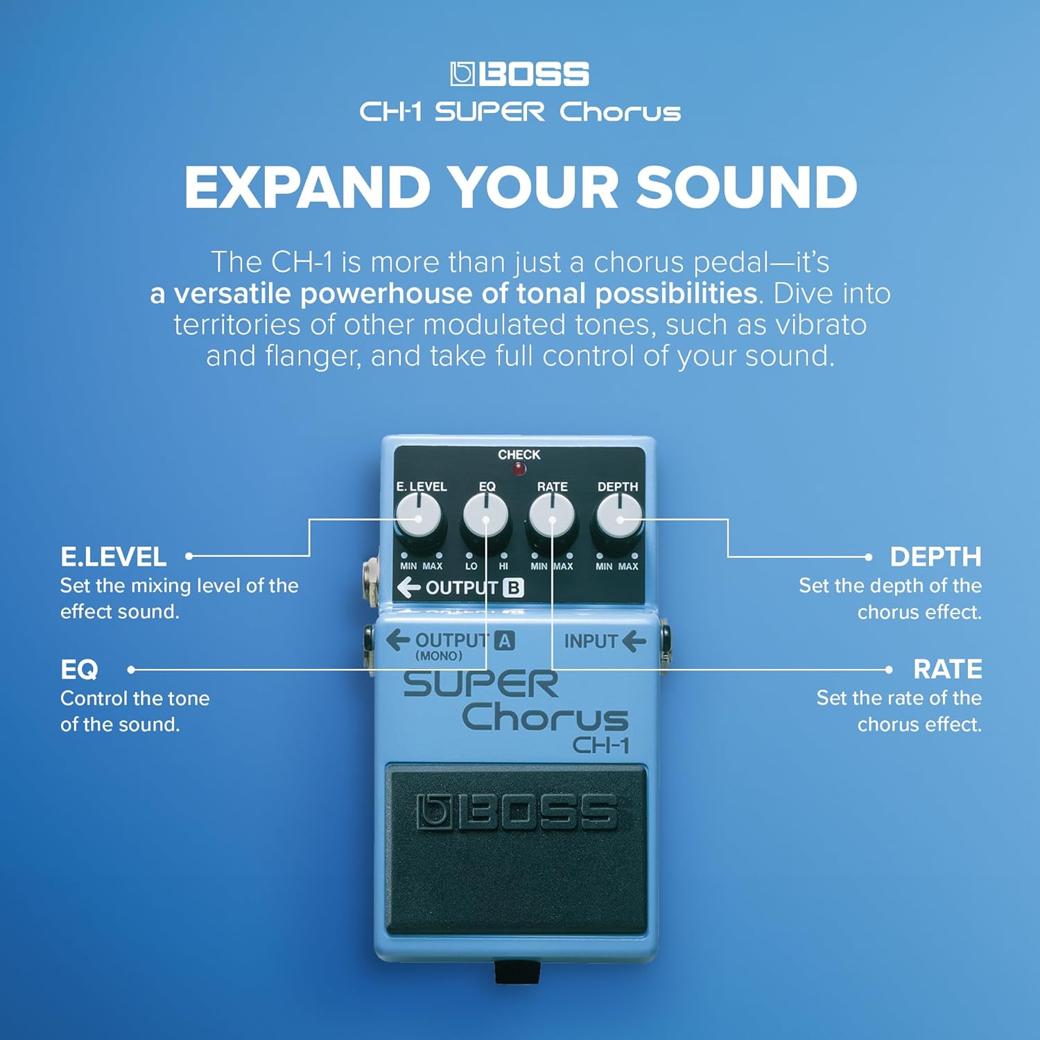 BOSS CH-1 SUPER Chorus | Classic Compact Chorus Effects Pedal | Cystal-Clear Tone for Guitar & Keyboards | Versatile Sound Shaping | Mono & Stereo Connectivity | Easy-to-Use Controls