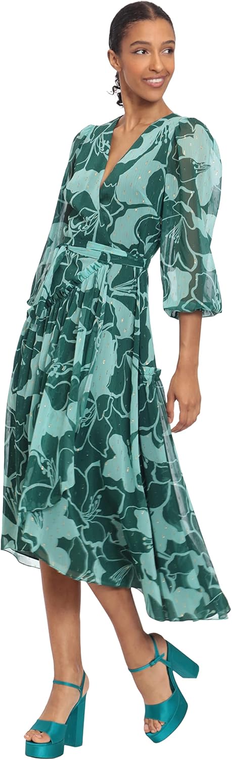 Donna Morgan Women's 3/4 Sleeve Wrap Midi Dress