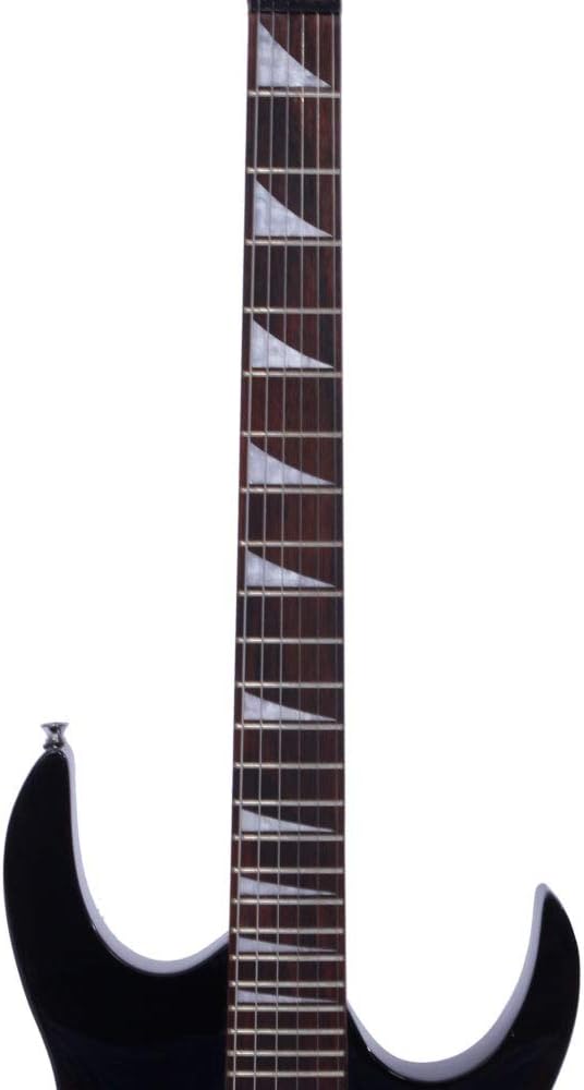Dorill Black Electric Guitar Package, Full-Size, 24 Fret Rosewood Fretboard, Sawtooth Inlays, Maple Neck, with Gig Bag, Strap, Instrument Cable, Pick, and Whammy Bar