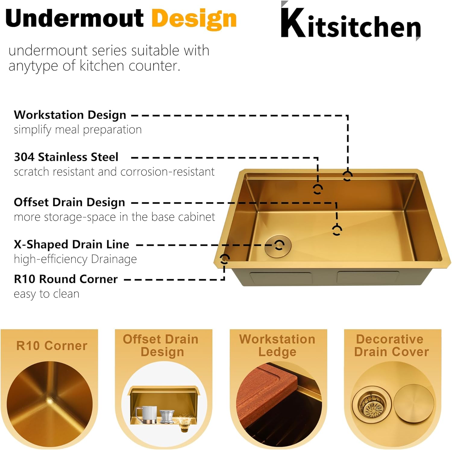 Kitsitchen 30 Inch Gold Undermount Kitchen Sink,16 Gauge Stainless Steel Under Counter Single Bowl Kitchen Sink,10 Inch Deep Workstation Sinks with Abundant Accessories & Offset Drain(30