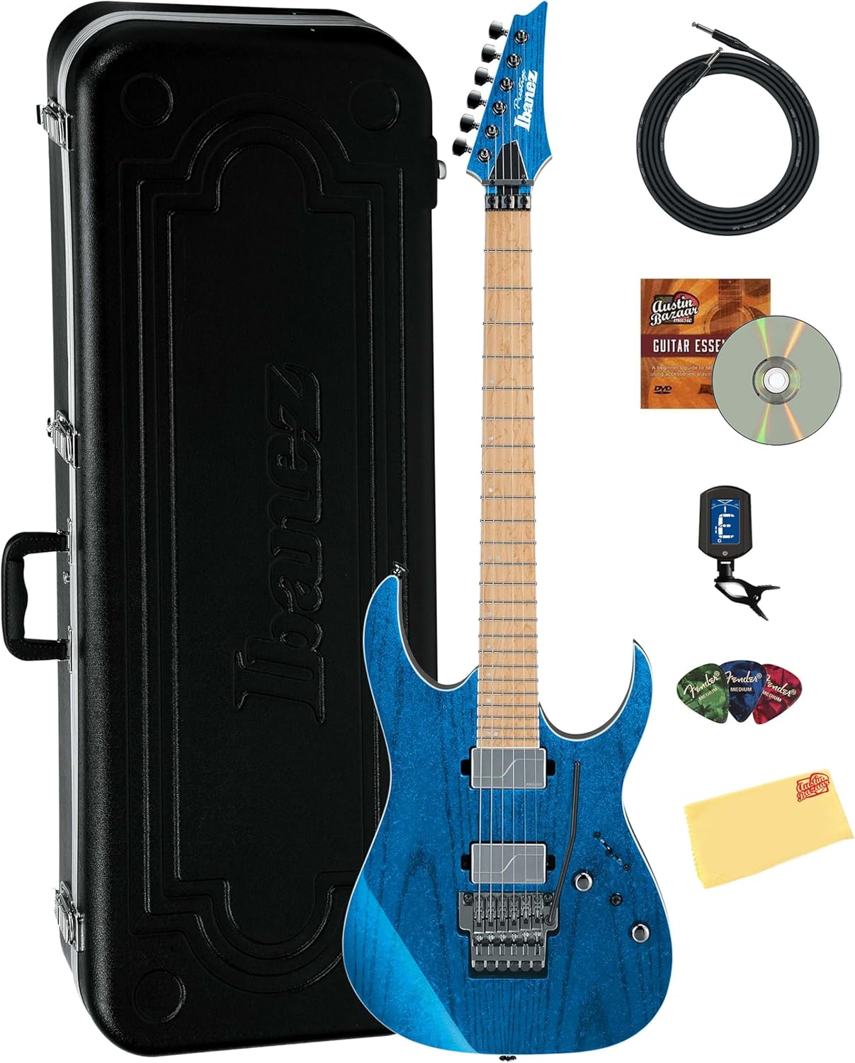 Ibanez RG5120M RG Prestige Electric Guitar - Frozen Ocean Bundle with Hardshell Case, Tuner, Cable, Picks, Austin Bazaar Instructional DVD, and Polishing Cloth
