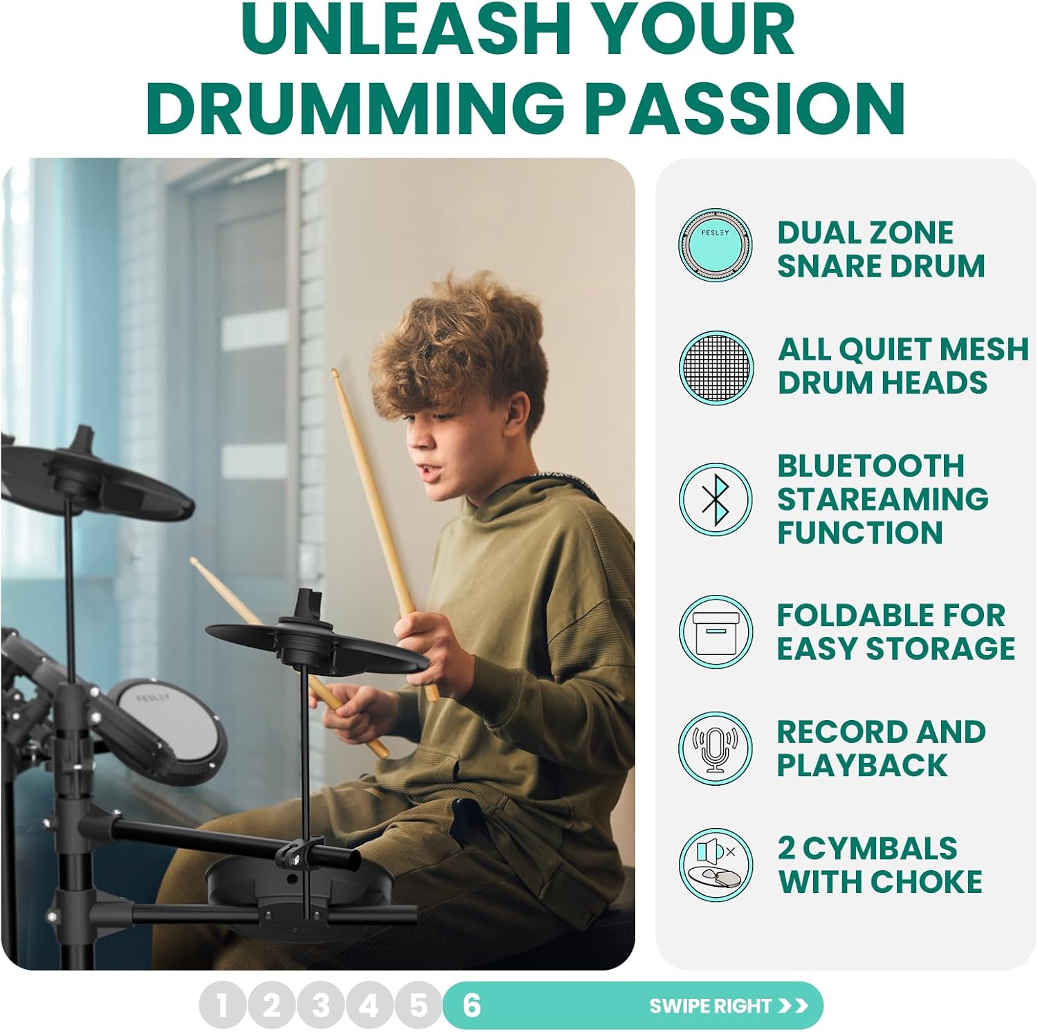 Fesley FED150W Electric Drum Set: Dual Zone Snare Drum,2 Cymbals w/Choke, 200 Sounds, 4 Quiet Mesh Drum Pads, Portable Electronic Drum Kit for Beginner, Bluetooth, MIDI, Throne, Headphone, Sticks