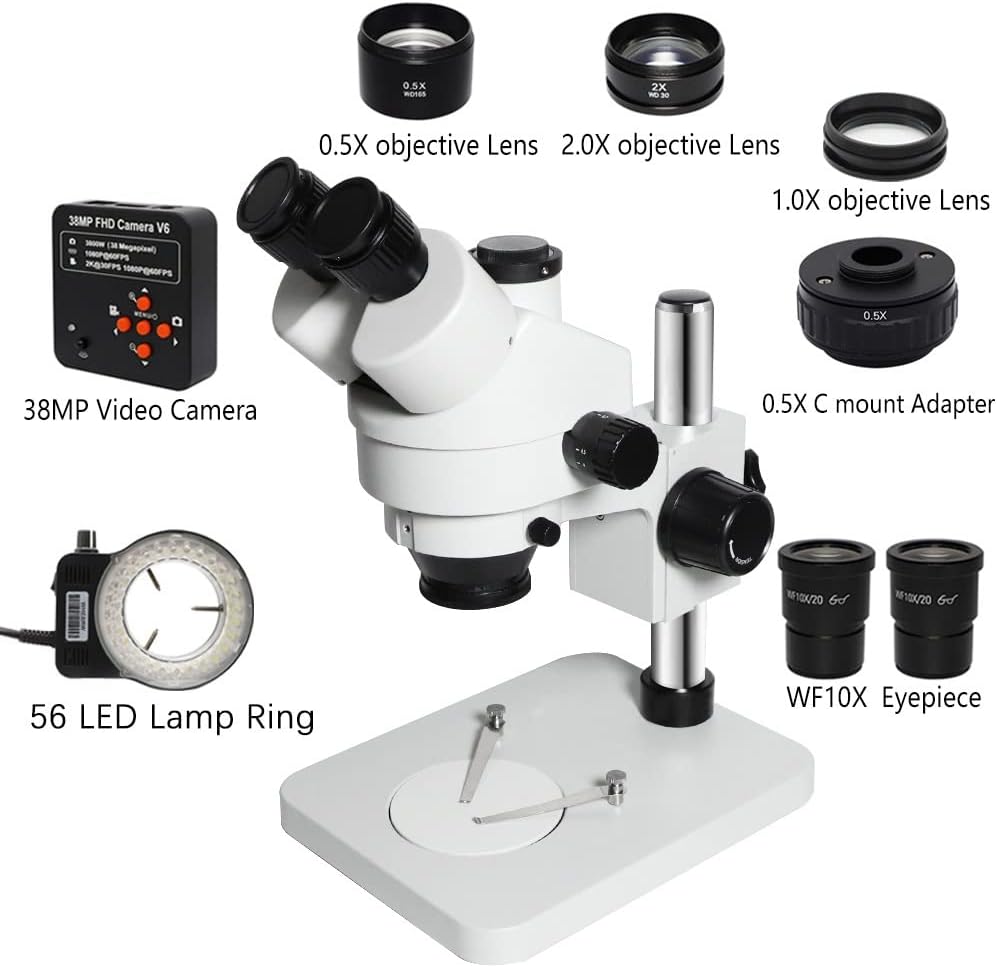 Lab Microscope Accessories 3.5X-90X Trinocular Stereo Zoom Microscope Simul-Focal Industrial Digital Microscope Set for PCB Soldering Repair(VGA add 0.5X C Mount)