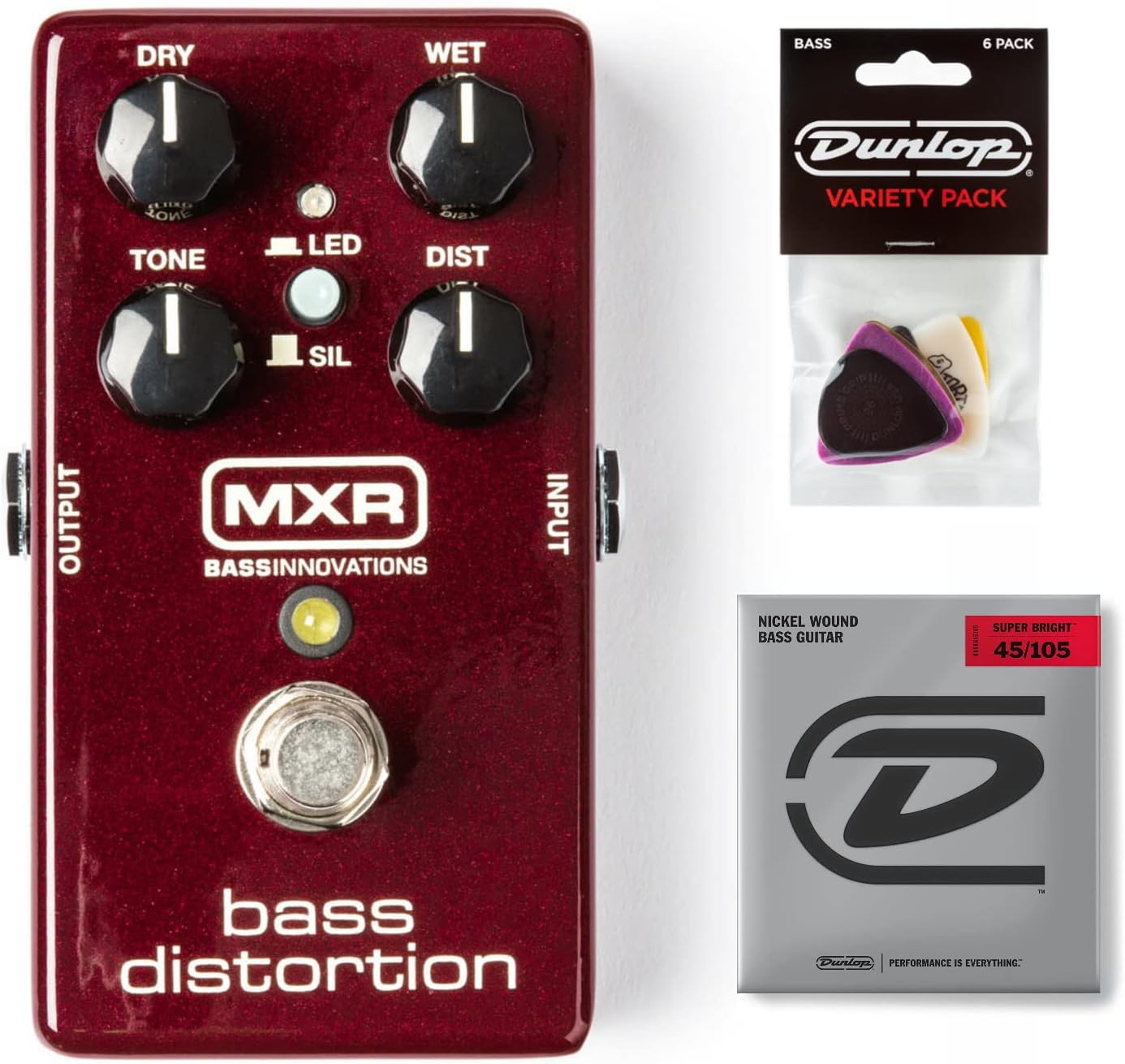 Briskdrop MXR M85 Bass Distortion Pedal Bundle with Dunlop Pick Pack and Super Bright Bass Strings M85-PVP117-DBSBN 0