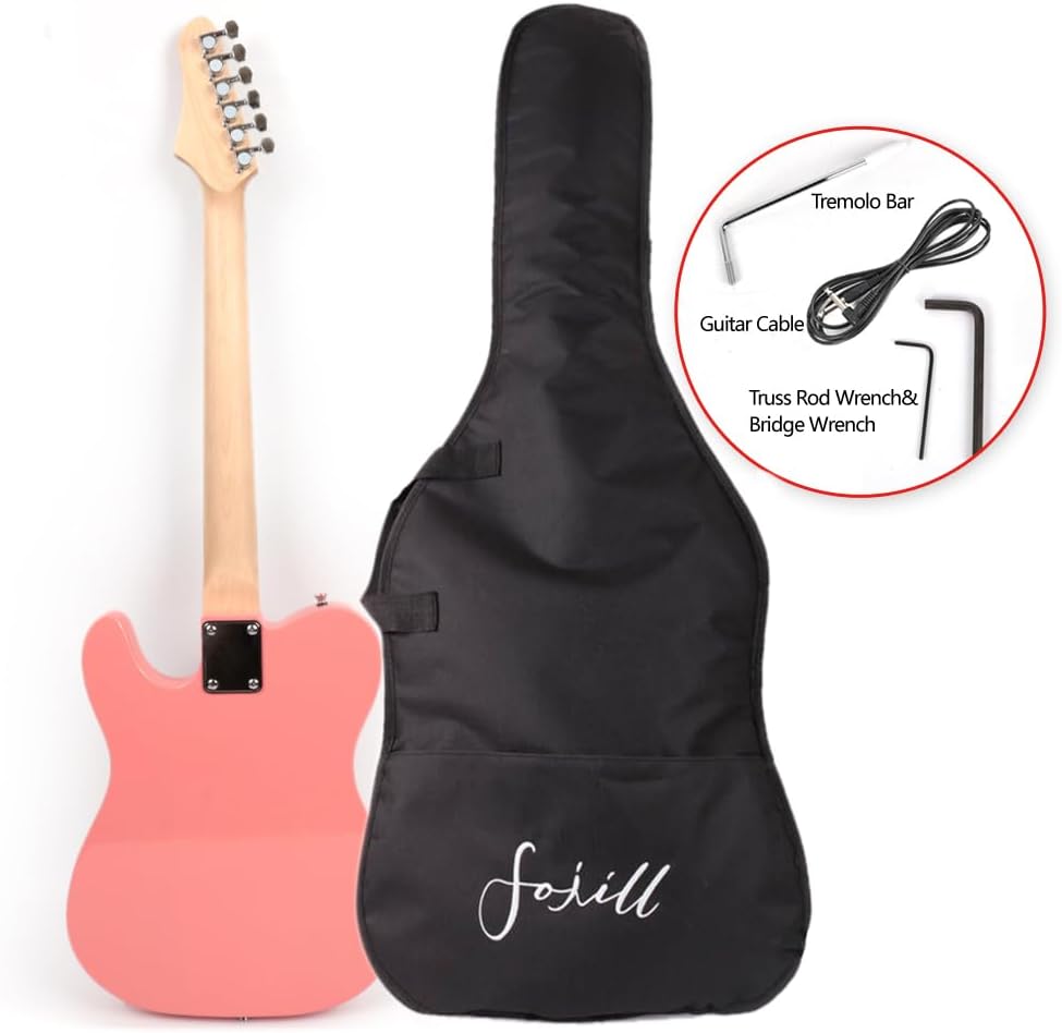 Fojill FTL-30 Electric Beginner Starter Guitar Solid Body Full Size Genuine Rosewood Fretboard With Gig Bag Strap(Baswood Body Pink)