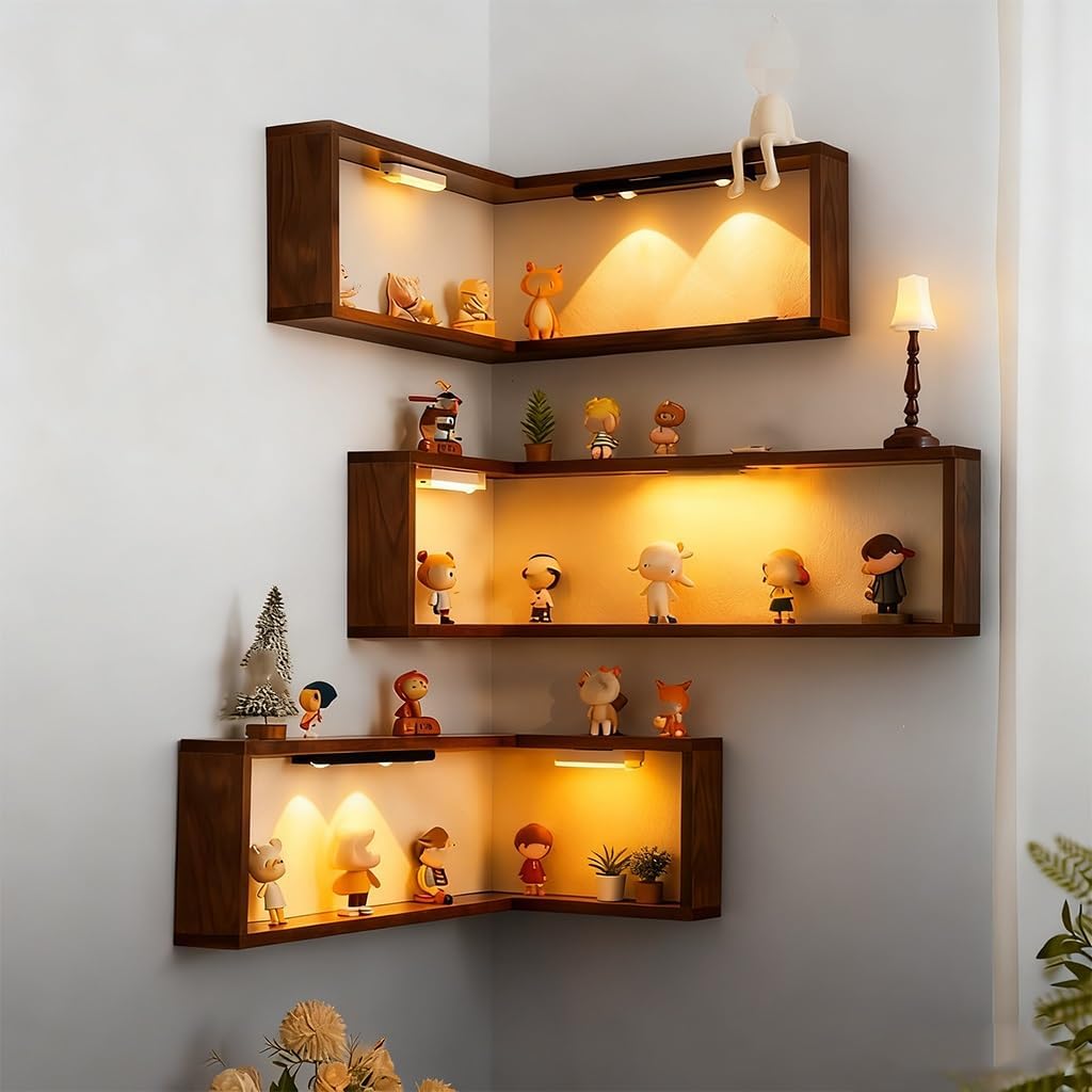 Smart Corner Shelves That Light up Your Space, Illuminated Corner Shelf, Wooden Wall-Mounted Display, Space-Saving，Floating Storage Shelves, for Figurines and Collectibles(3pc-(with Light*6))