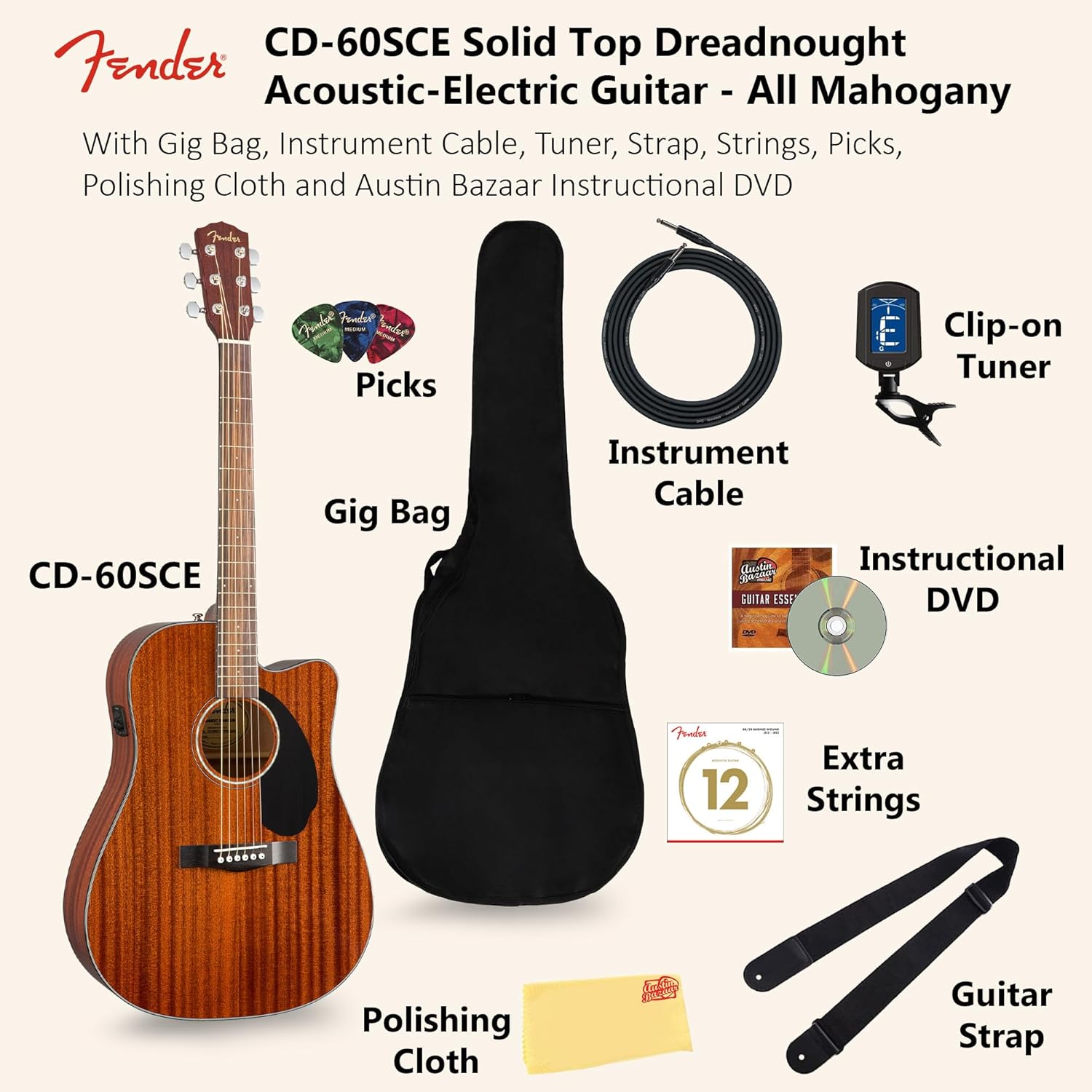 Fender CD-60SCE Solid Top Dreadnought Acoustic-Electric Guitar - All Mahogany Bundle with Gig Bag, Instrument Cable, Tuner, Strap, Strings, Picks, Polishing Cloth and Austin Bazaar Instructional DVD