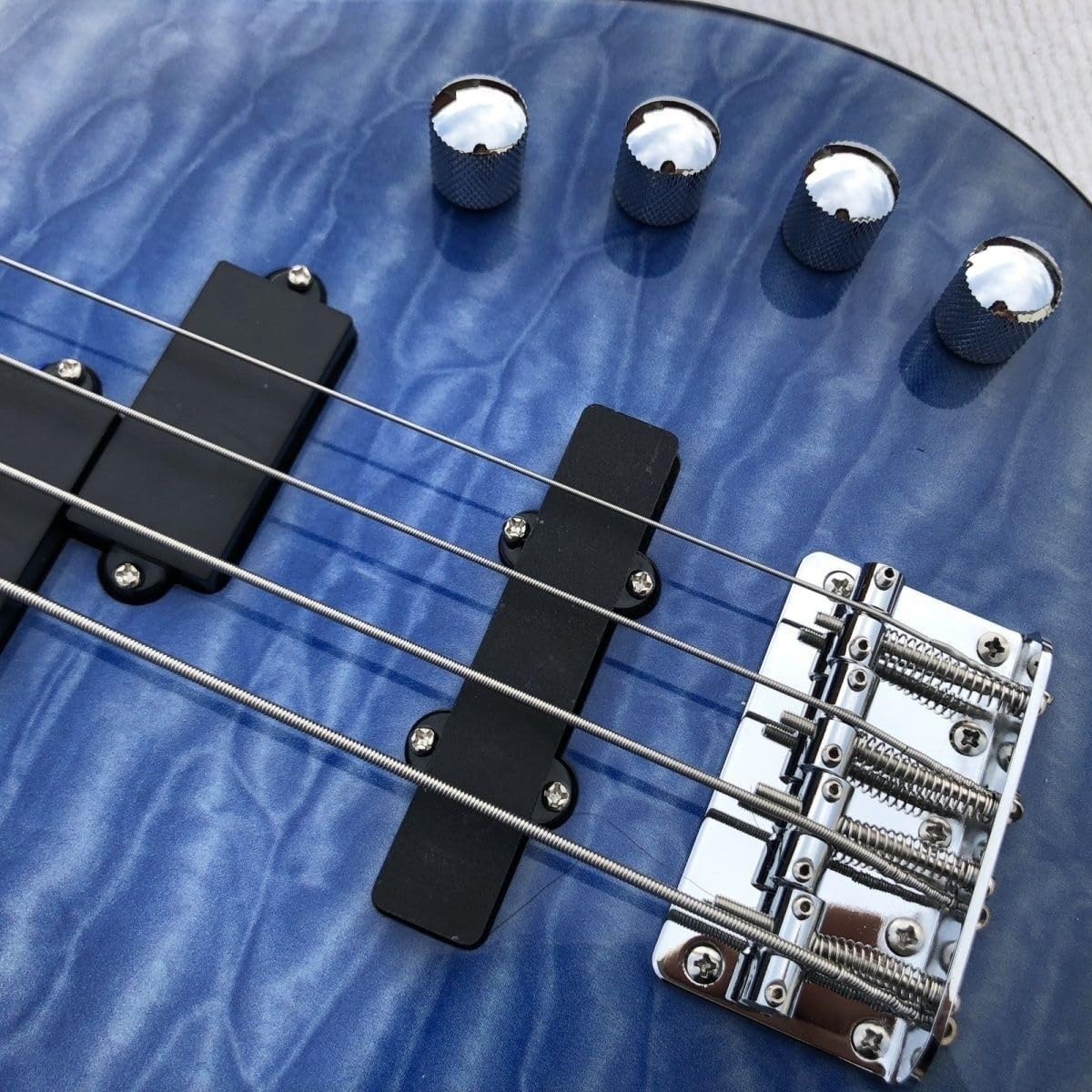 Electric Bass Guitar 4 String 24 Frets Full Size Pickups Blue Tiger Flame Burst Solid Basswood Body for Beginners