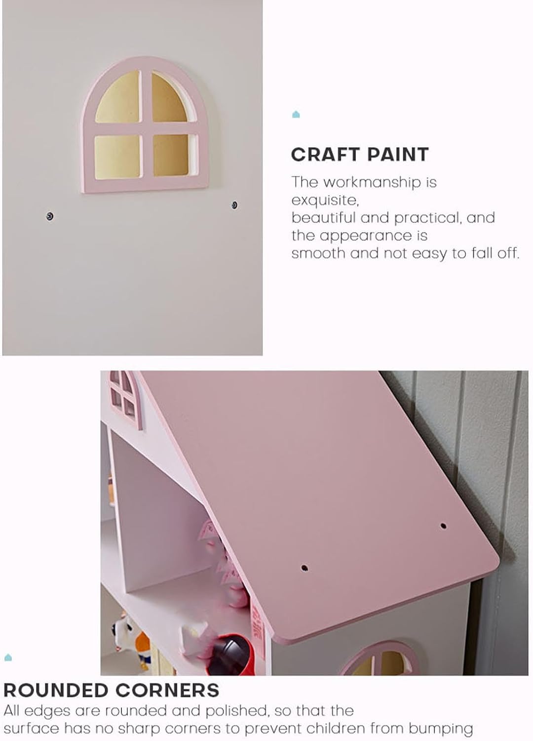 Wooden Dollhouse Bookshelf, 3 Tier Pink and White Kids Bookcase Toy Storage Organizer, Doll House Bookcase for Childrens Bedroom Playroom Nursery Classroom for Boys Girls Ages 3-8 Years Old