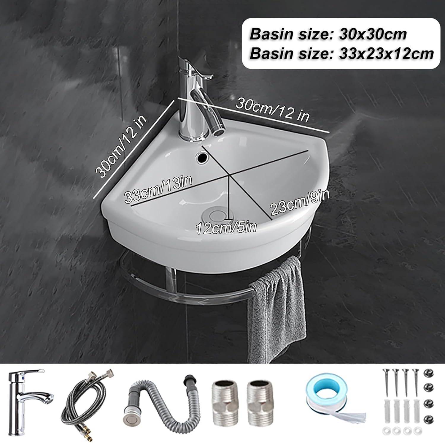 Modern Wall Mount Small Corner Bathroom Vessel Sink with Faucet Drain Towel Bar Ideal for Kitchen Bathroom Restaurant Laundry Farmhouse 10in/25.5cm