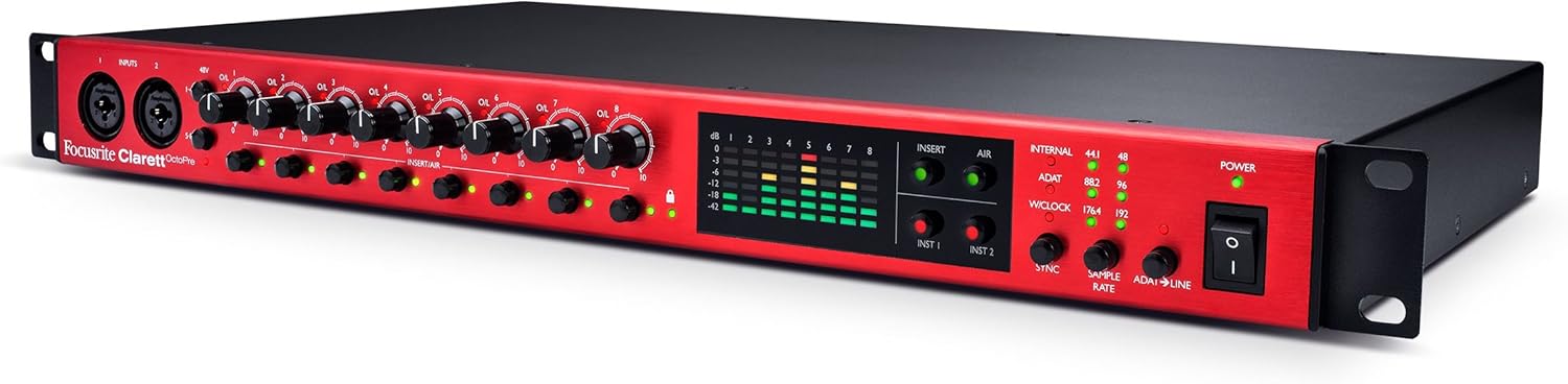 Focusrite Clar­ett Oc­to­Pre Pro­fes­sion­al Qual­ity 8-in/8-out ADAT Mic Preamp for Mu­sic Pro­duc­tion, with High Dy­nam­ic Range, Ul­tra-low Noise, and All-ana­logue Air