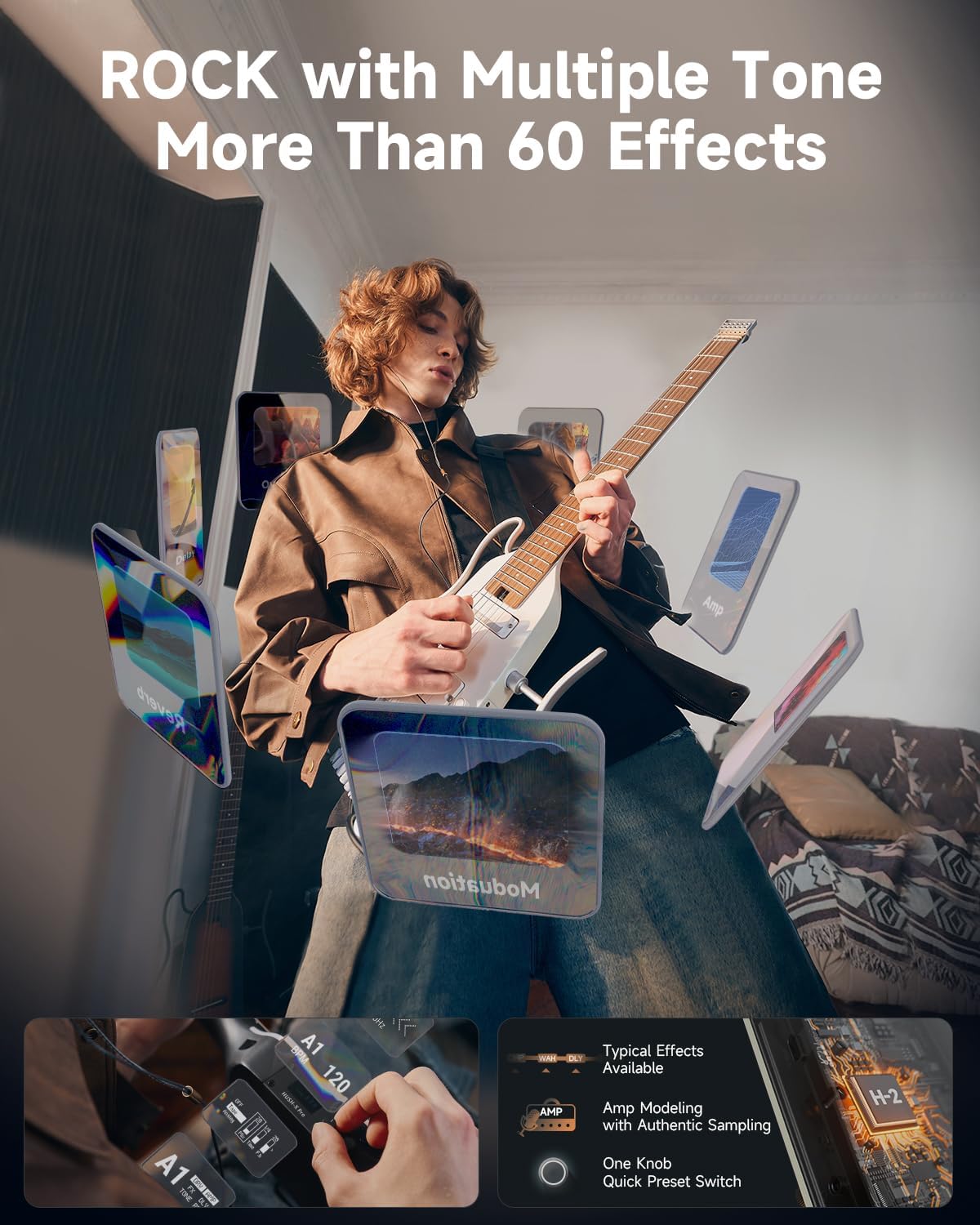 Donner HUSH X PRO Electric Guitar Kit - Smart Travel Guitar with Dozens of Preset Combinations, 7 Tone Sim Options, Metallic White and Mini Electric Amp