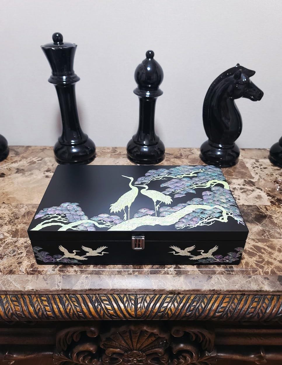 Antique Alive Mother of Pearl Wood Sunglasses Box Eyeglasses Valet Display Storage Case for Glasses, Watches, Jewelry, Trinkets Wooden Accessory Organizer Gift (Crane & Pine Black)