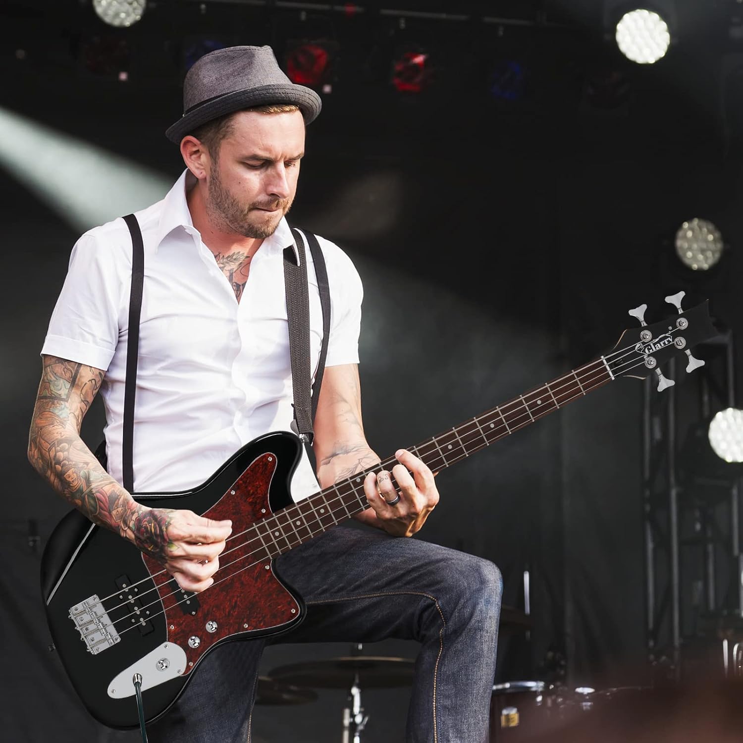 GLARRY 4 String Electric Bass Guitar Beginner Kit w/20w Amp, Red Pearl Guard Full Size Bass with Digital Tuner,Amp Cable, Strap, Bag and Accessories(Black)