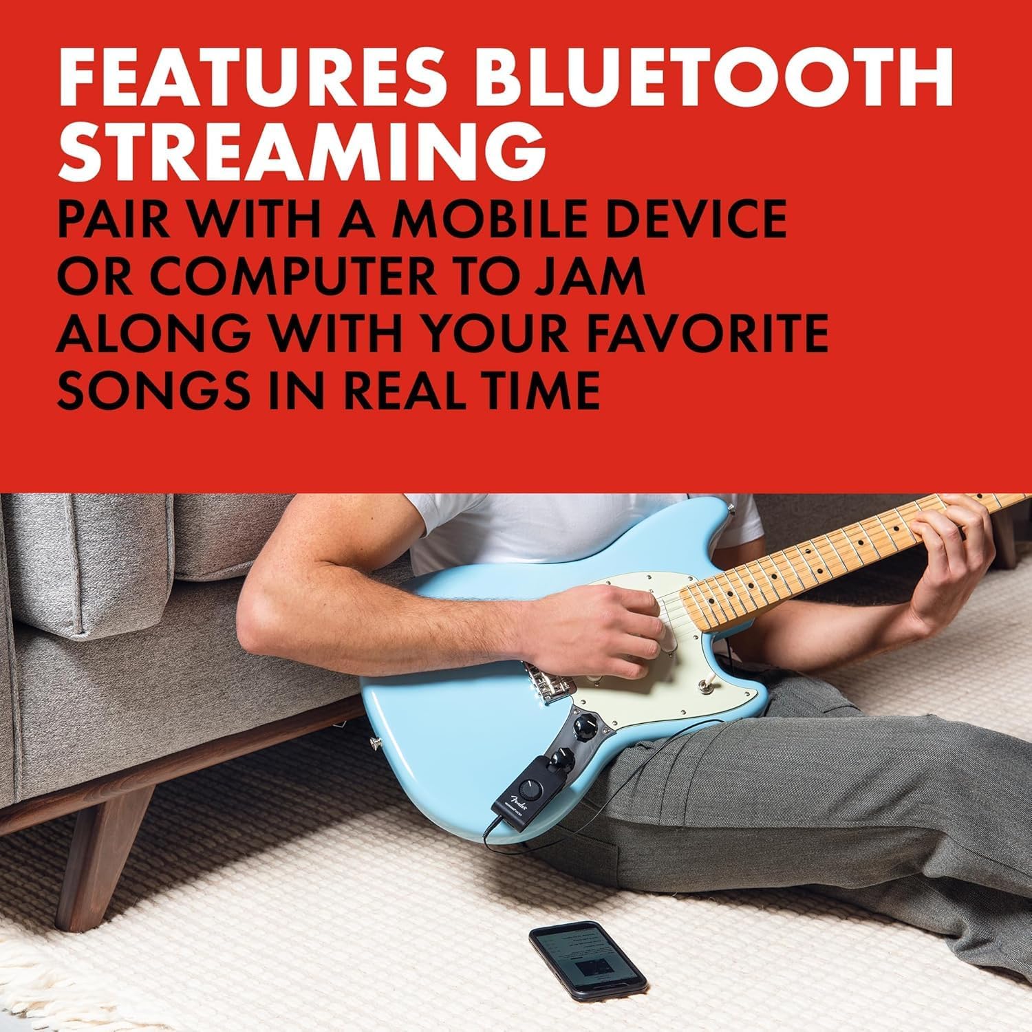 Fender Squier Debut Series Stratocaster Electric Guitar, Beginner Guitar, Black with Matte Finish + Fender Mustang Micro Headphone Amplifier