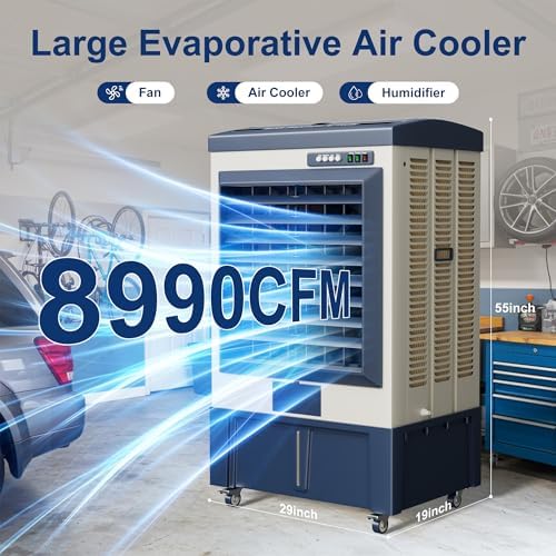 Swamp Cooler, 8990CFM Evaporative Air Coolers with 36 Gal Tank, Windowless Air Conditioner 3 Speeds for Outdoor Use, 58 Inch Air Cooler Water Fan for Patio, Garage, Shop, Commercial Grey