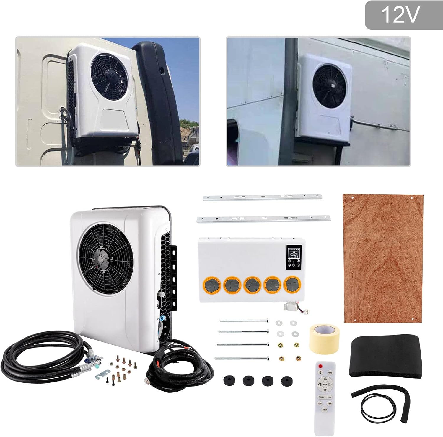 CNCEST 12v Air Conditioner RV Air Conditioner Kit Truck Bus Universal Electric A/C Unit for Cab Cooling - Portable Split AC with High 12000BTU for Caravan or Truck Cab Two Packages (White 12V)