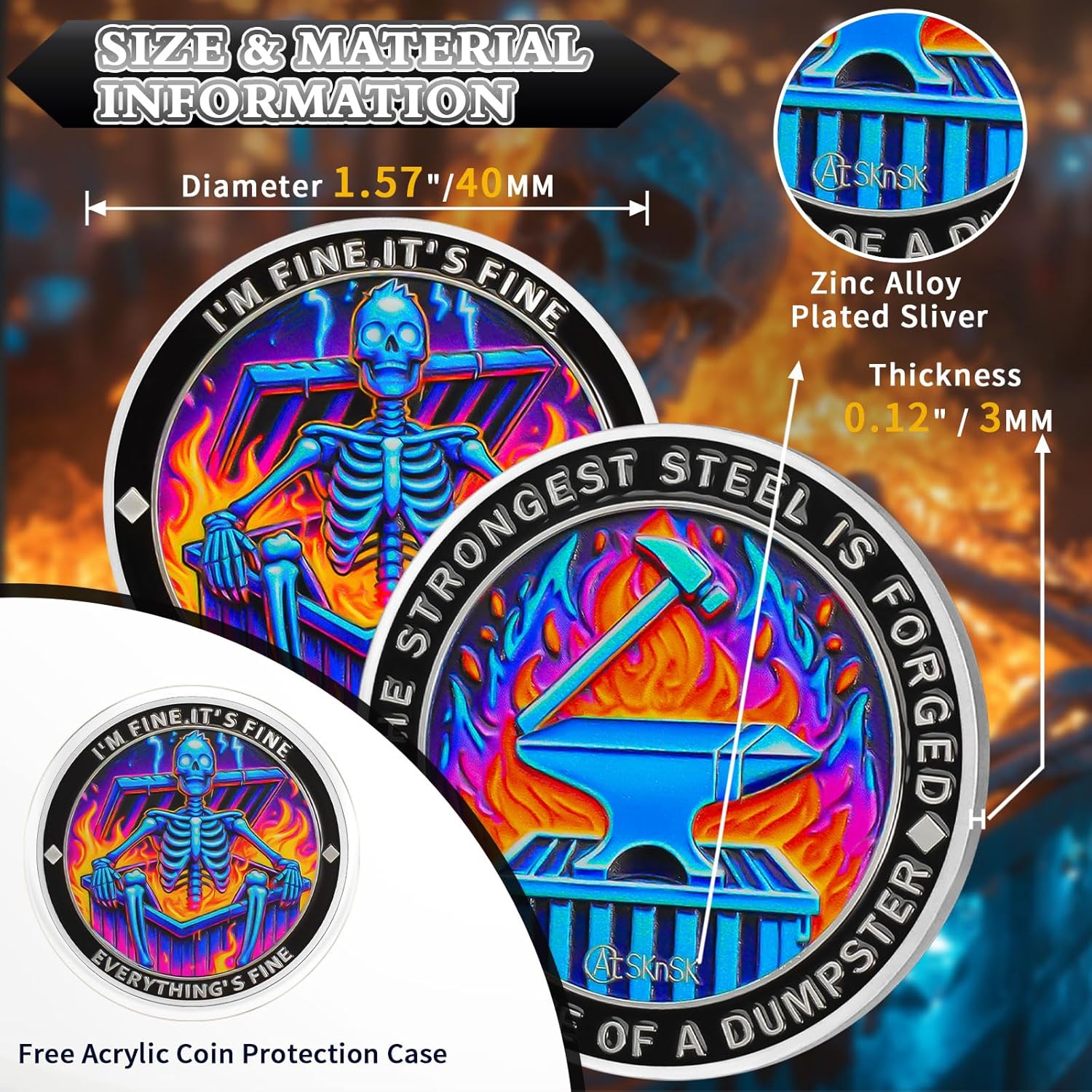 10Pcs Purple Flame Skeleton Dumpster Fire Coin, I'm FINE Dumpster Fire Challenge Coin - Funny Office Desk Accessories - Novelty Coins Pocket Token - Inspirational Office Gifts for Men Women