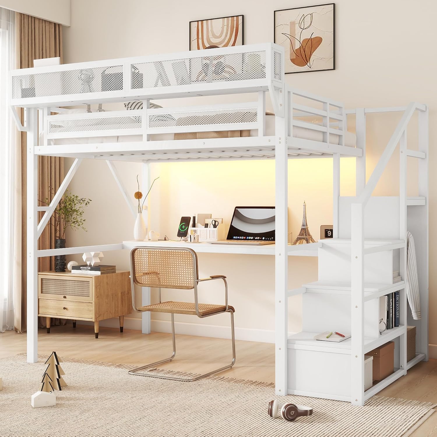 Full Loft Bed with Desk and Charging Station, Full Size Metal Loft Bed with Stairs and Light for Kids Teens, Black, Patent Products (White)