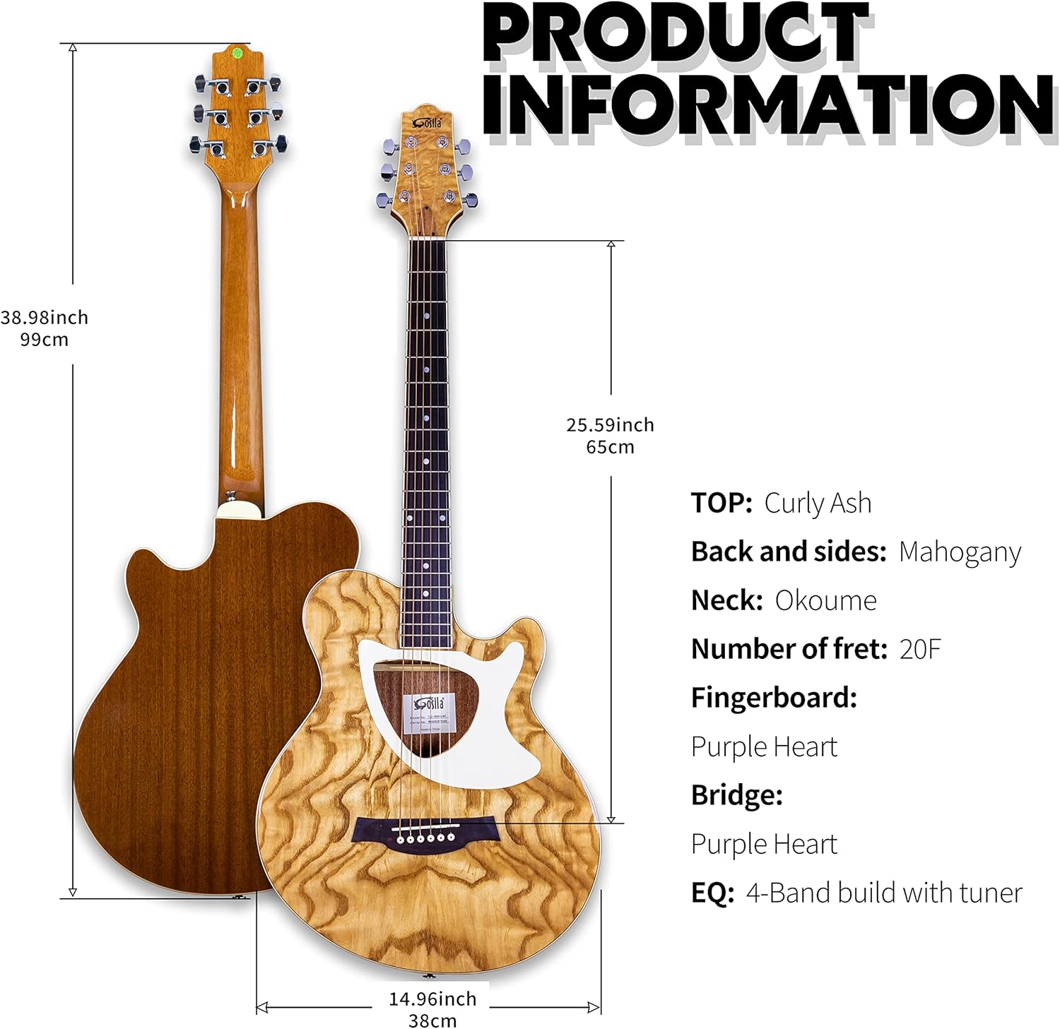 39“ Acoustic Electric Cutaway Guitar, Thin Body, Built-In Tuner,ashwood gloss natural finish body