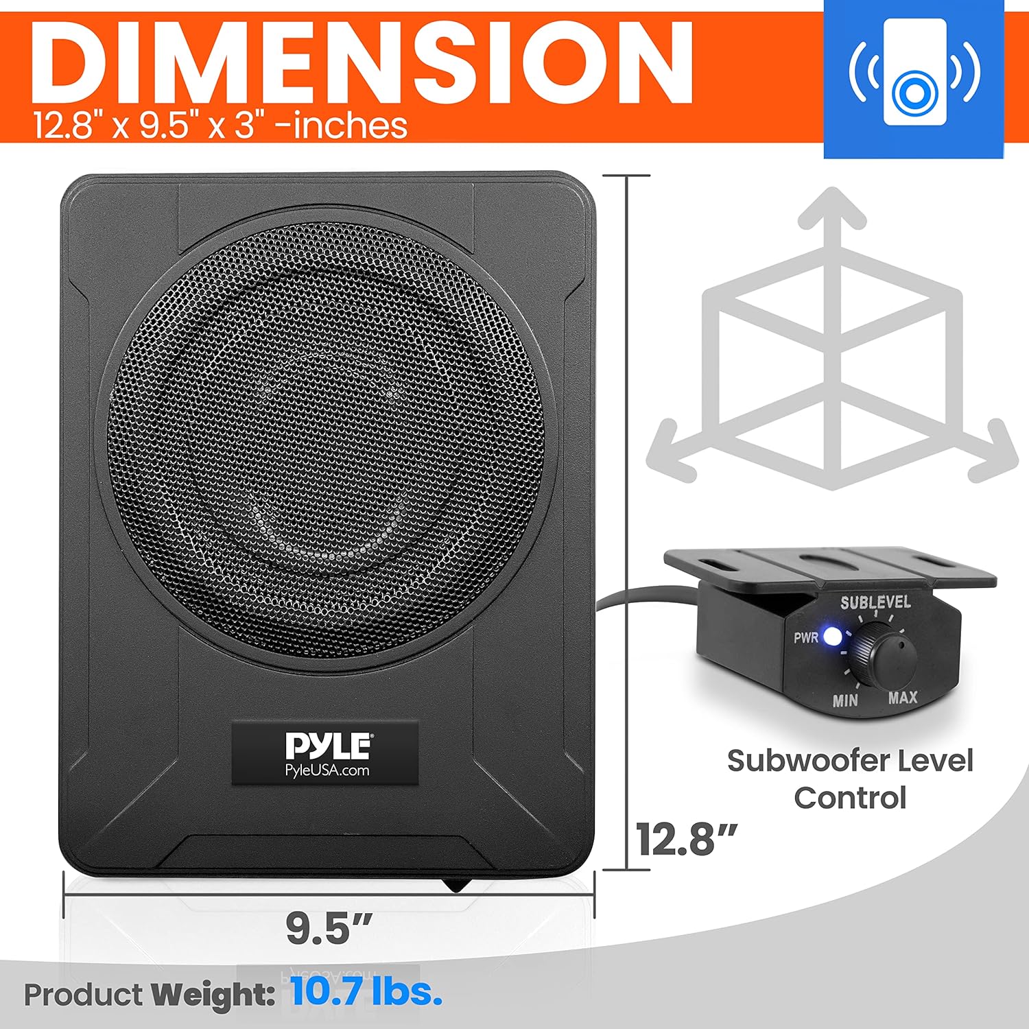 Pyle 8-Inch Low-Profile Amplified Subwoofer System - 600 Watt Compact Enclosed Active Underseat Car Audio Subwoofer with Built In Amp, Powered Car Subwoofer w/ Low & High Level Inputs - Pyle PLBX8A