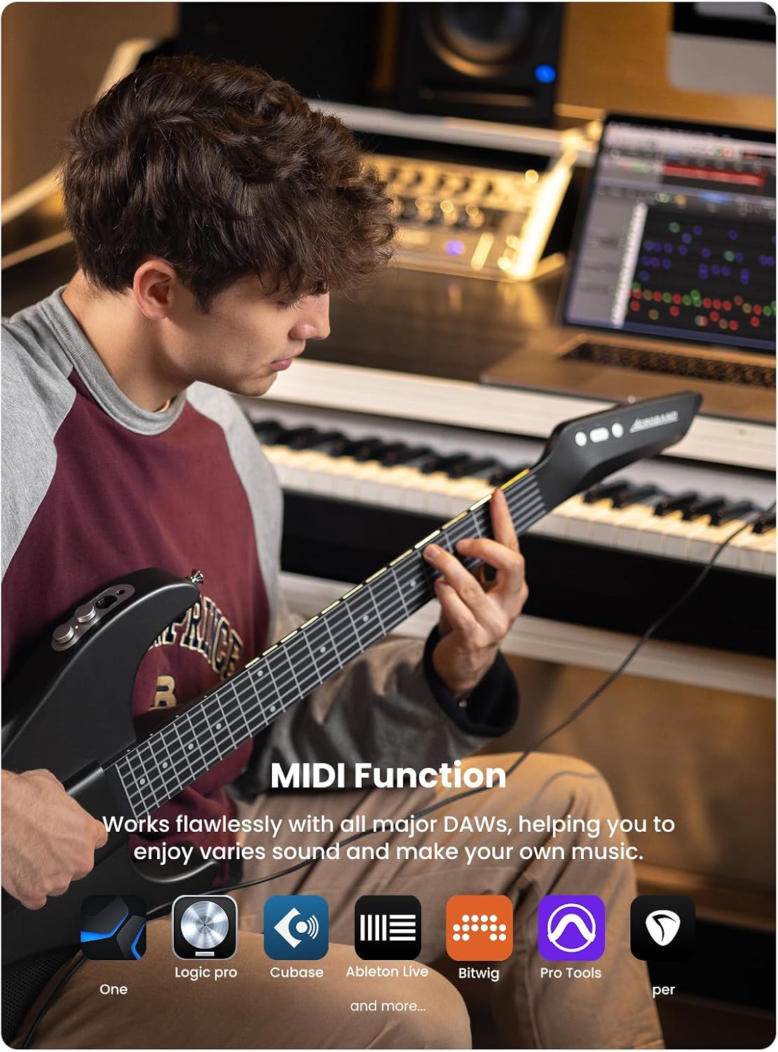 AeroBand Guitar Smart Guitar With Silicone Strings, Travel Silent Guitar With Detachable Fretboard, Headphone Jack, Built-in Speaker and Drum system, Aeroband APP Play, MIDI