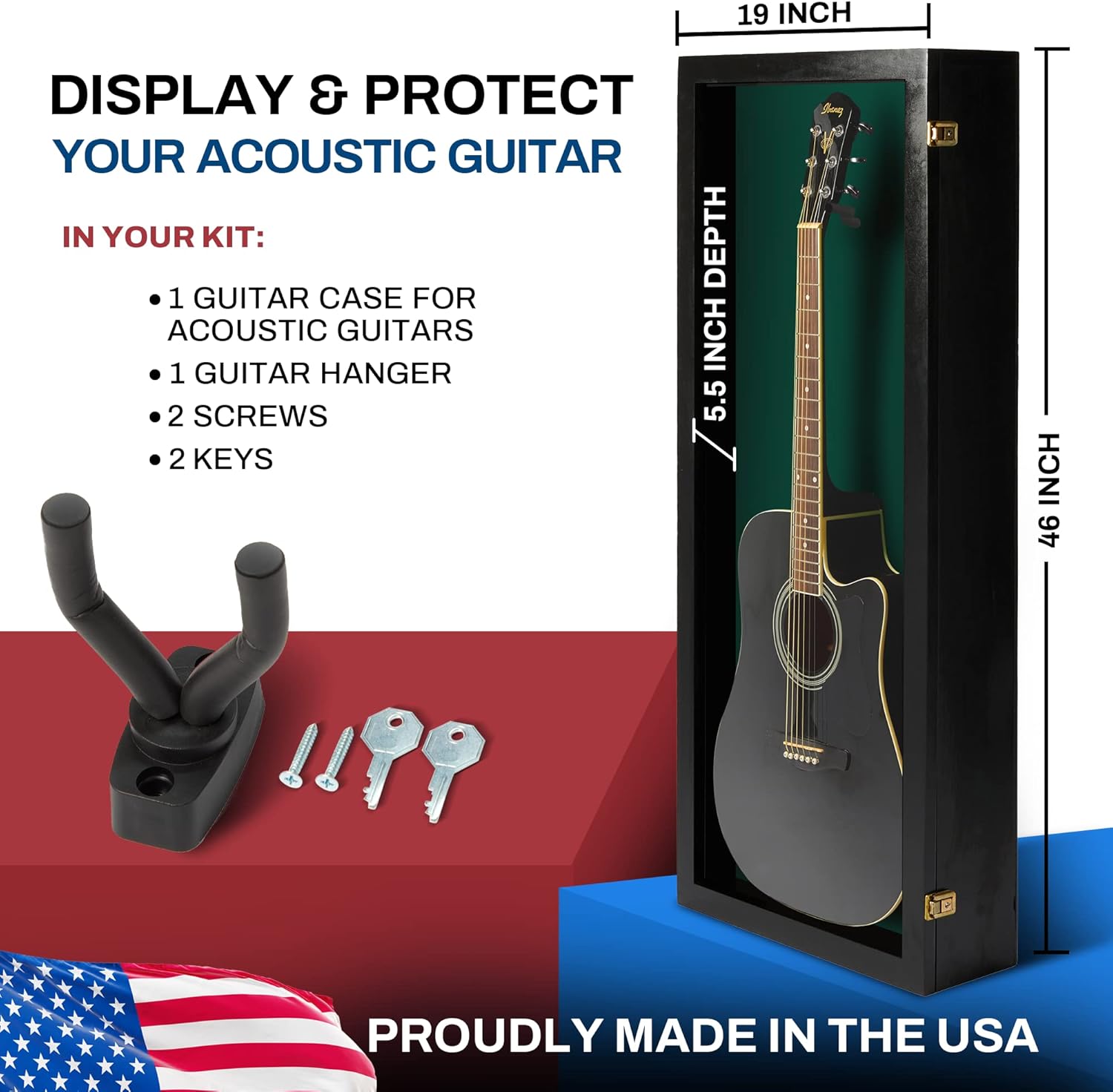 PENNZONI Acoustic Guitar Display Case - Acrylic Acoustic Guitar Case - Guitar Display Case Wall Mount Made from Hardwood Frame & Clear Acrylic - Black w/Felt Green